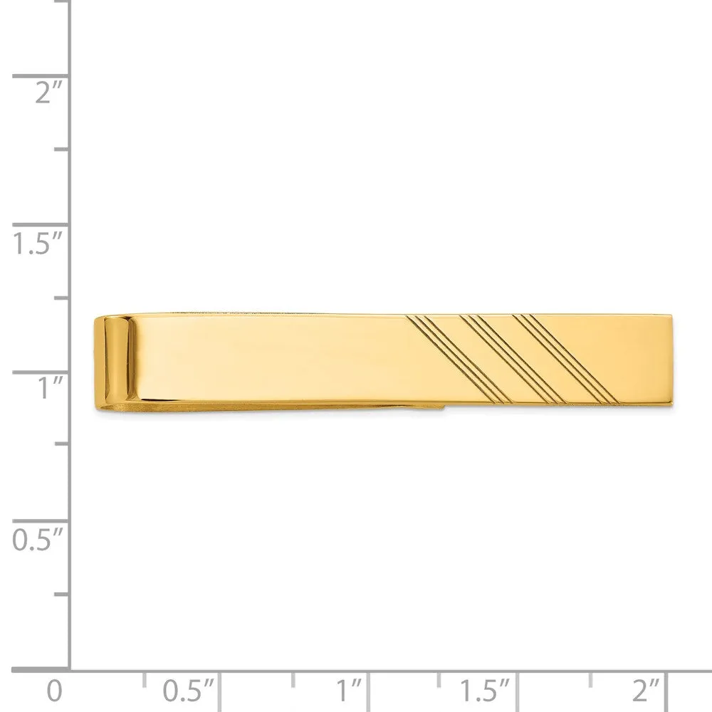 14K Yellow Gold Polished & Diagonal Stripe Tie Bar, 8 x 50mm