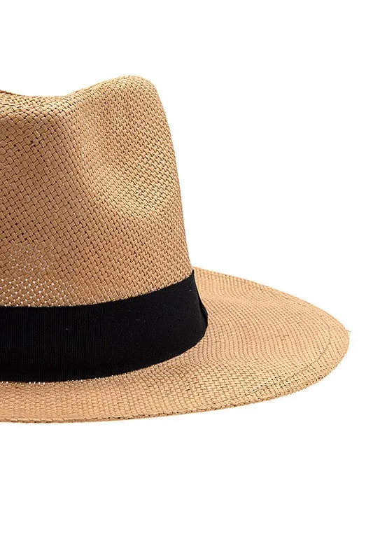 BLACK BAND ACCENT STRAW FEDORA SUN HAT -2 colors