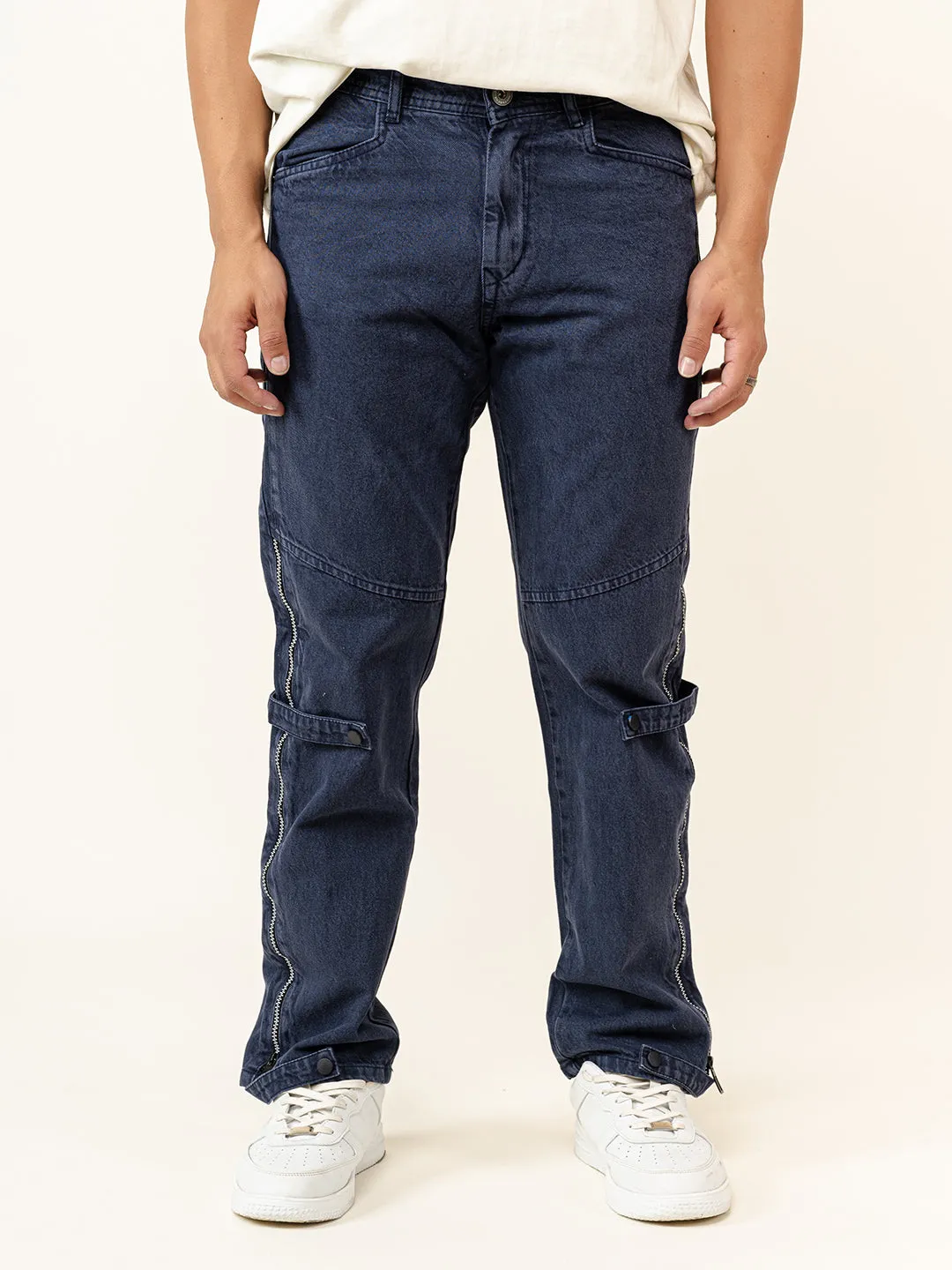 Blue Straight Fit Side Zipper Denim Jeans