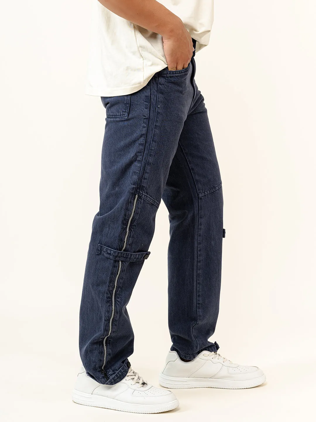 Blue Straight Fit Side Zipper Denim Jeans