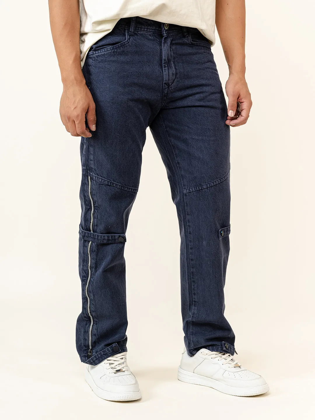 Blue Straight Fit Side Zipper Denim Jeans