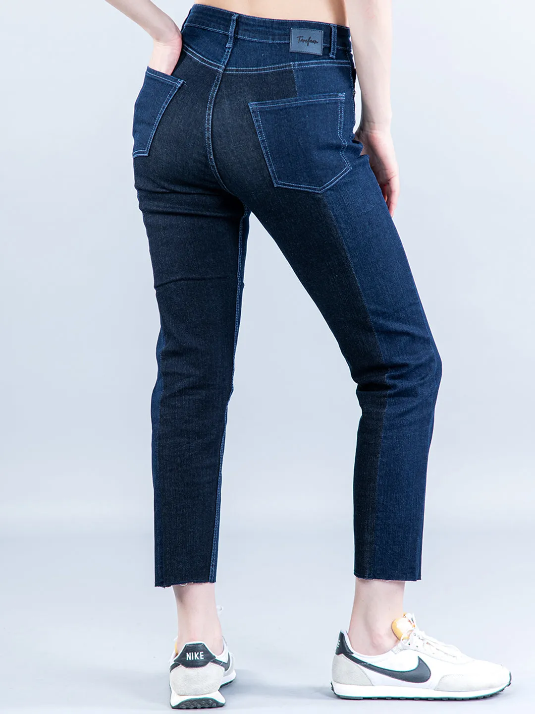 Contrast Back Detail Blue Jeans For Women