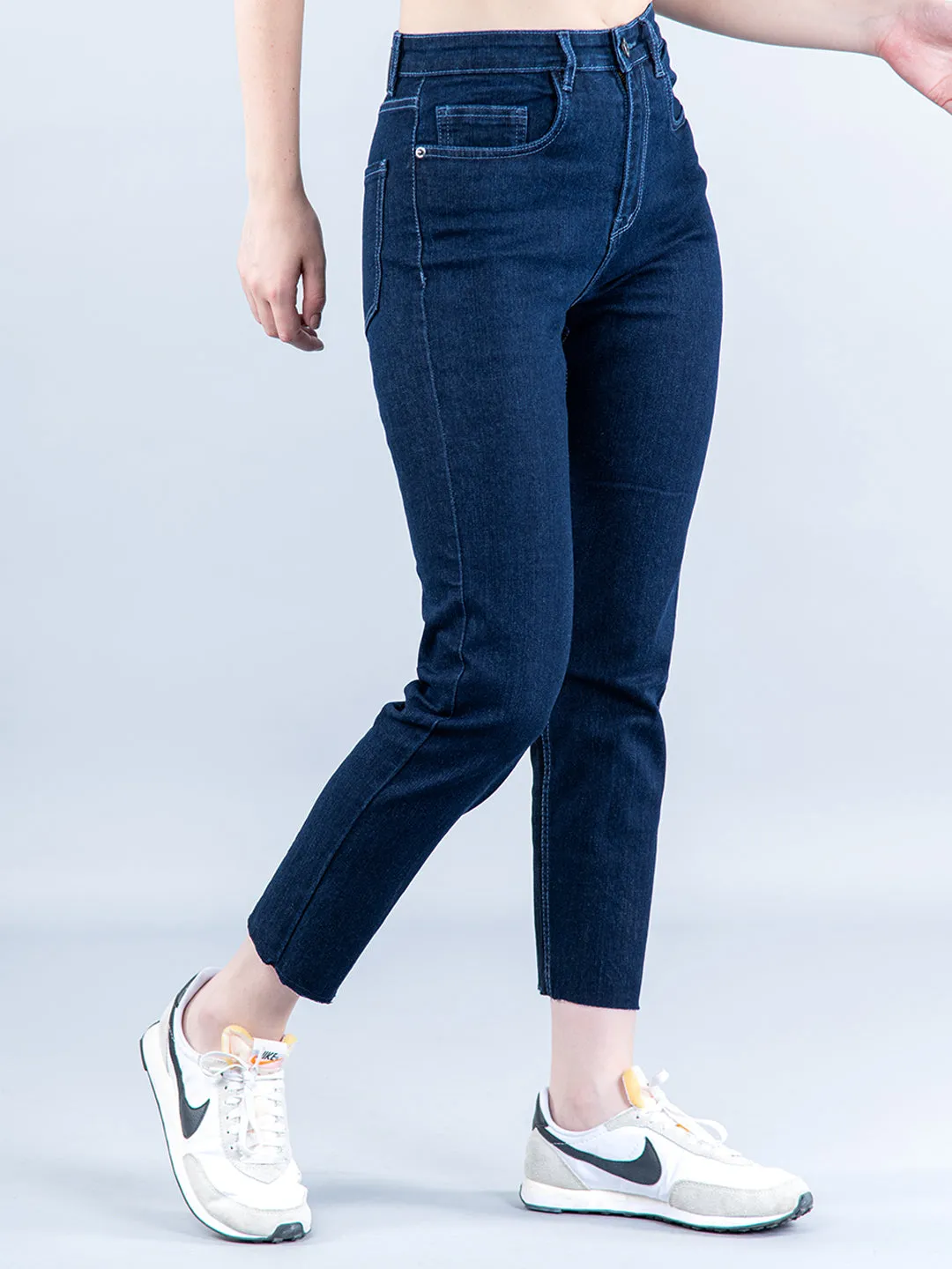 Contrast Back Detail Blue Jeans For Women