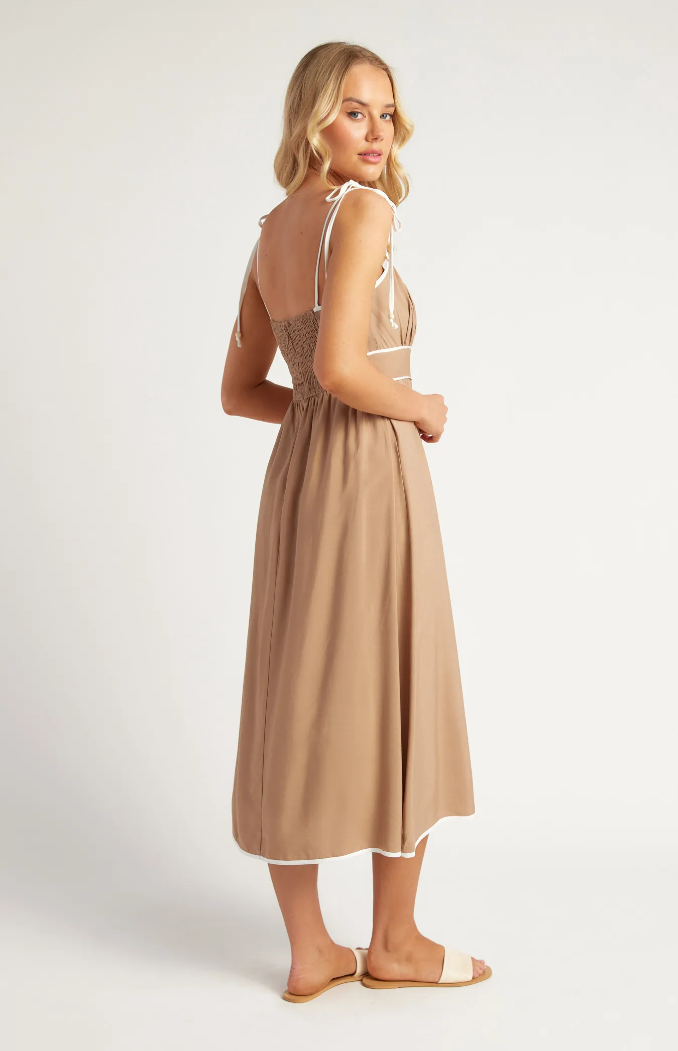 Cotton Blend Contrast Binding Midi Dress with Shoulder Tie Details (SDR1638A)