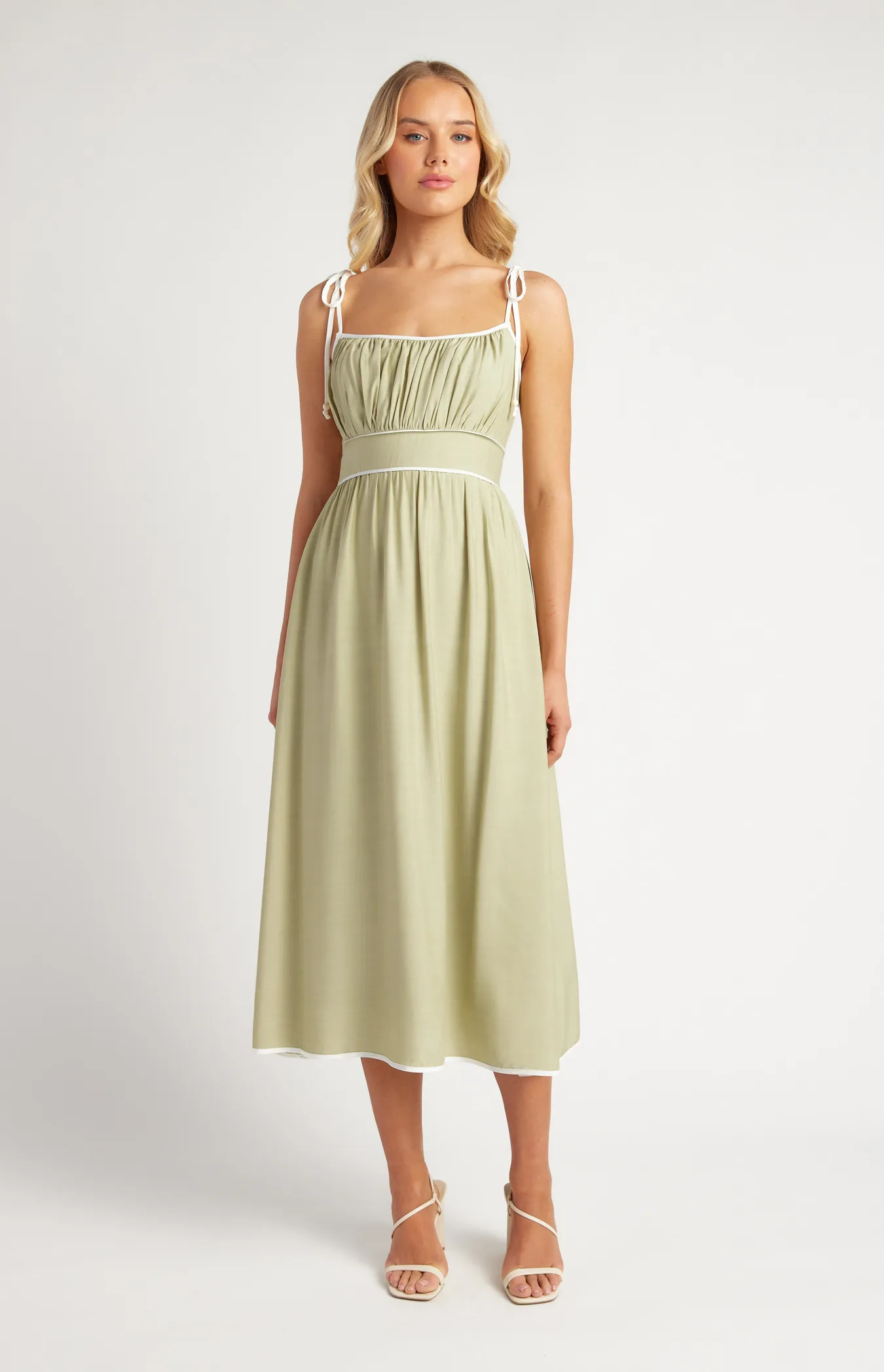 Cotton Blend Contrast Binding Midi Dress with Shoulder Tie Details (SDR1638A)