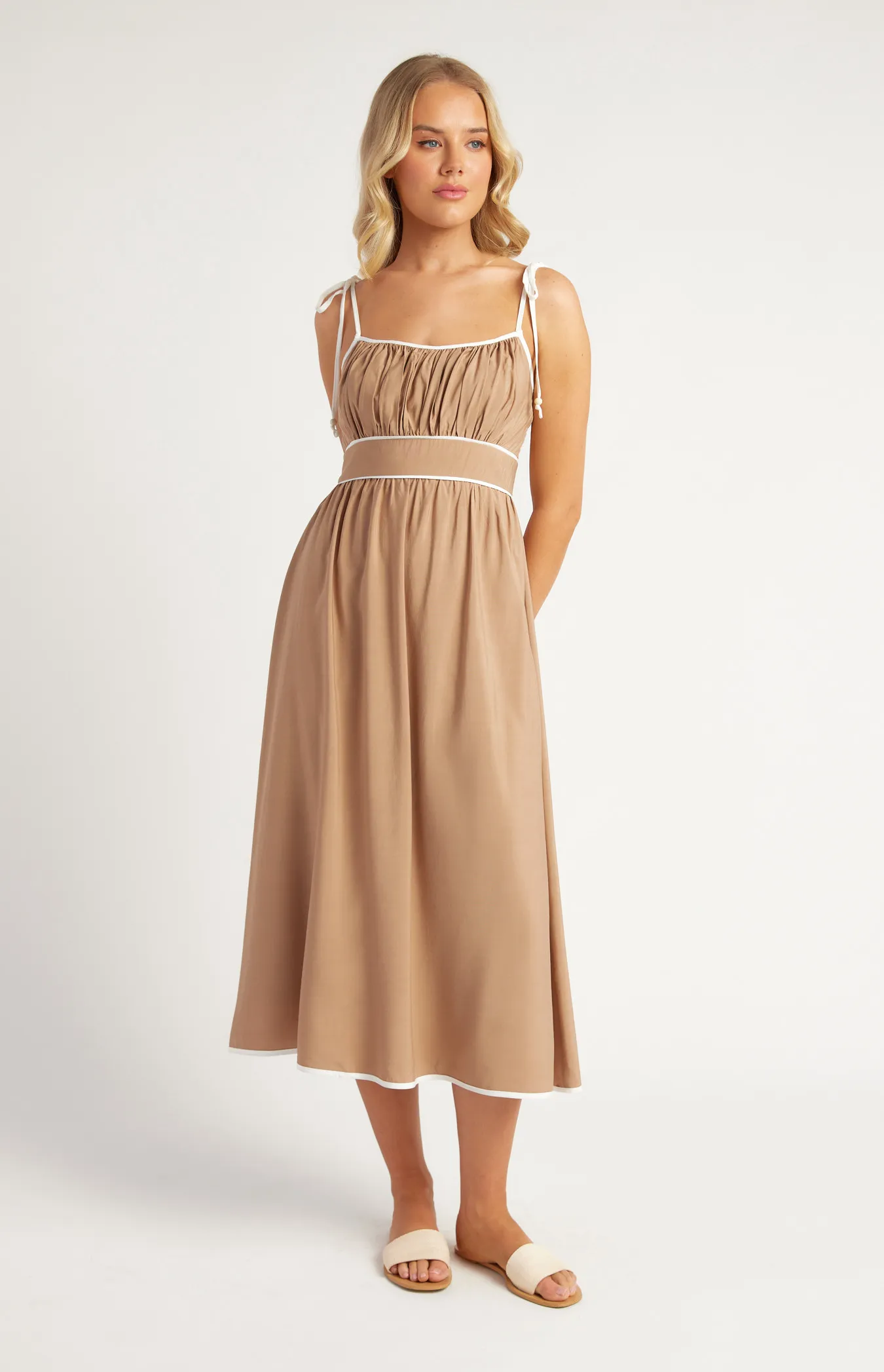 Cotton Blend Contrast Binding Midi Dress with Shoulder Tie Details (SDR1638A)