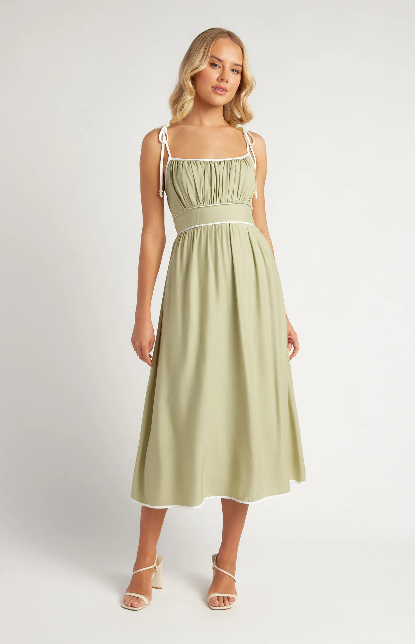 Cotton Blend Contrast Binding Midi Dress with Shoulder Tie Details (SDR1638A)