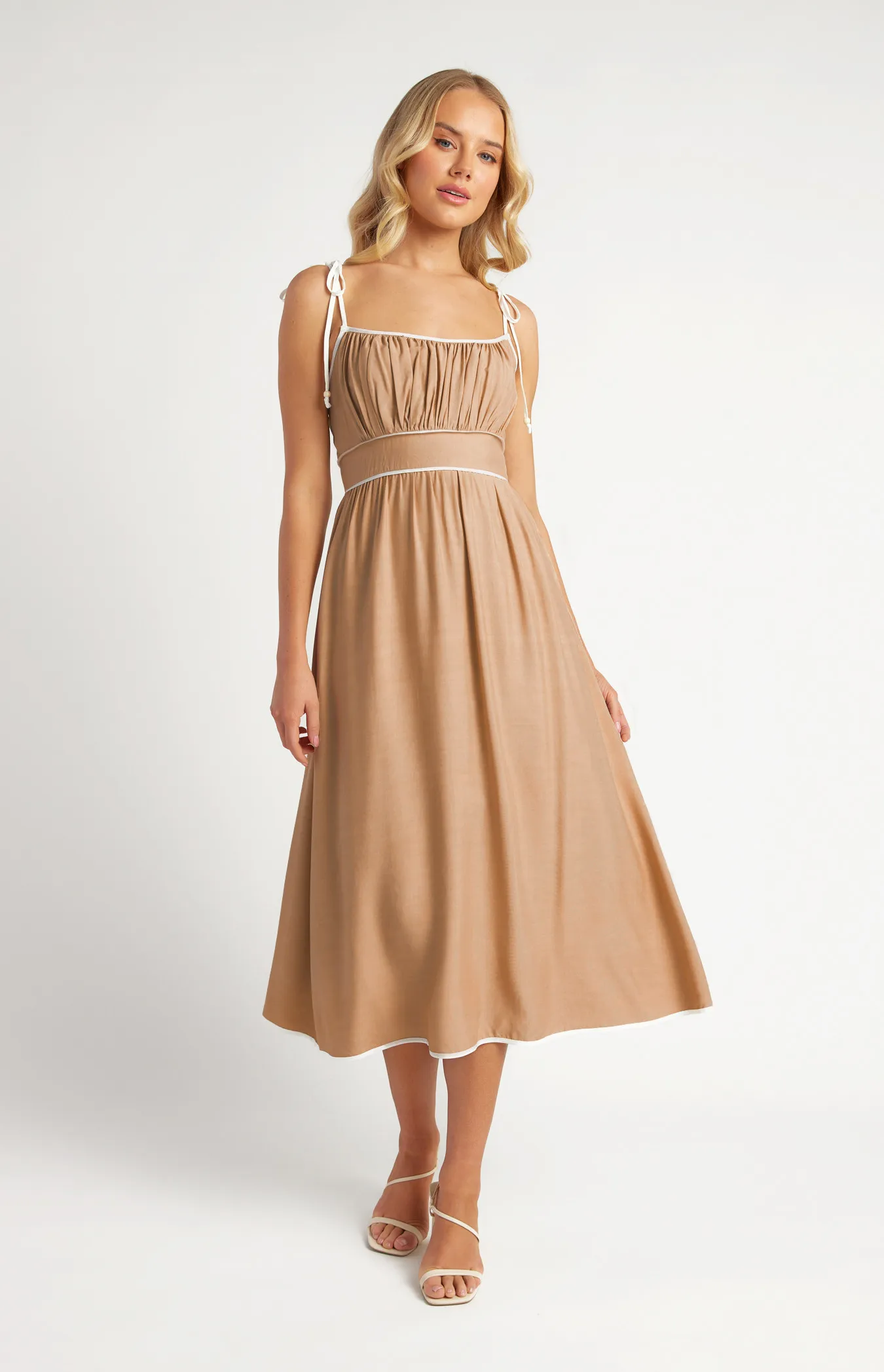 Cotton Blend Contrast Binding Midi Dress with Shoulder Tie Details (SDR1638A)