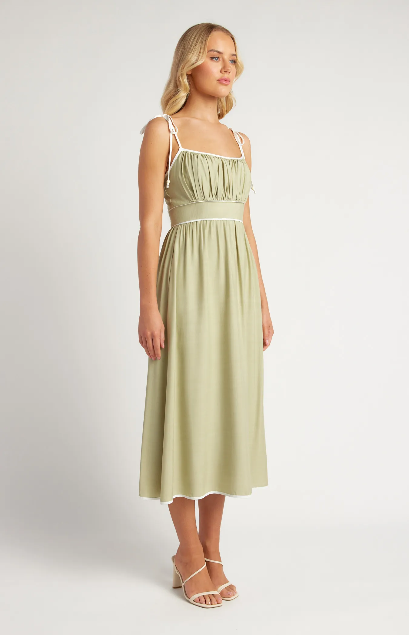 Cotton Blend Contrast Binding Midi Dress with Shoulder Tie Details (SDR1638A)