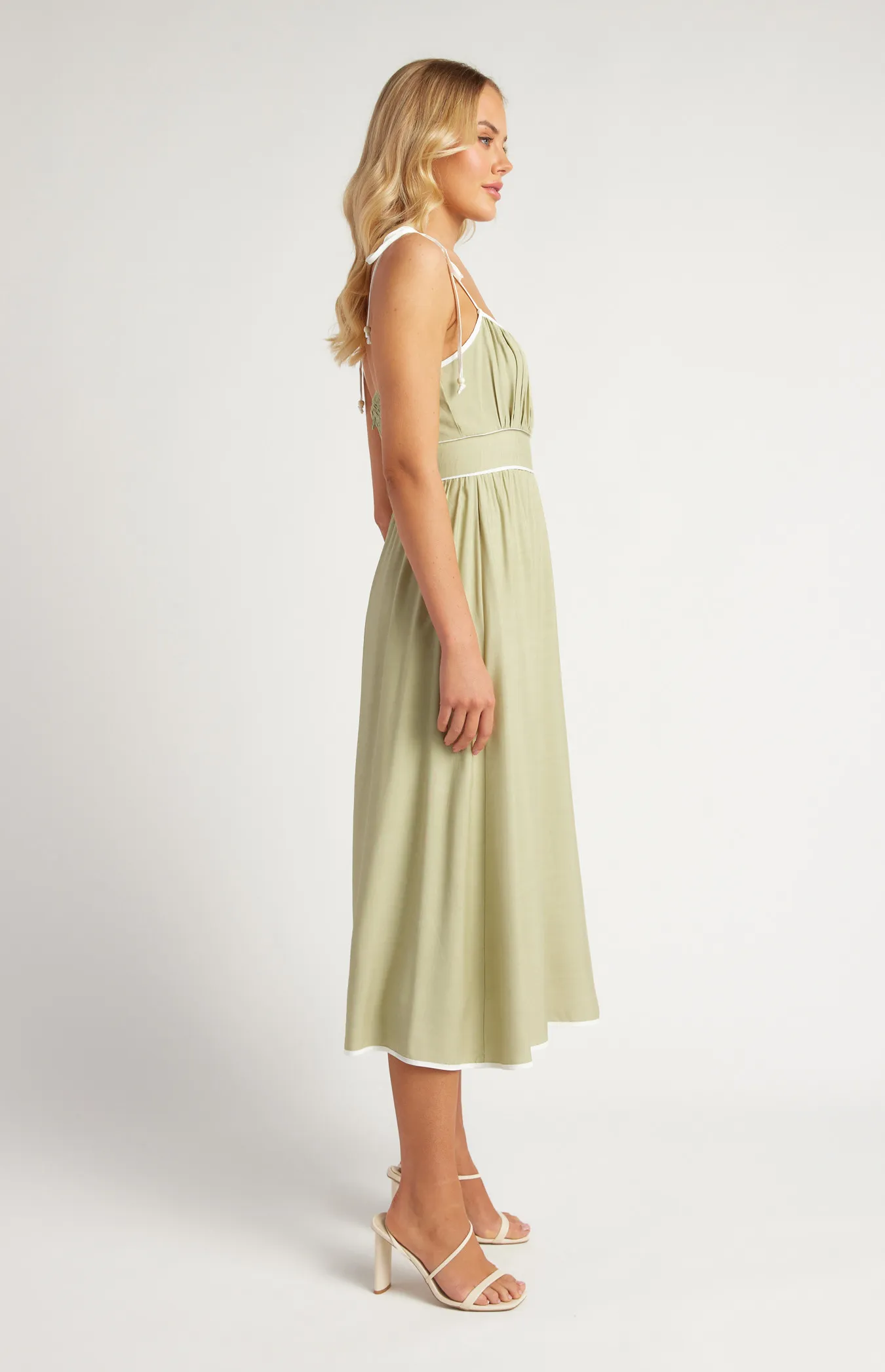 Cotton Blend Contrast Binding Midi Dress with Shoulder Tie Details (SDR1638A)