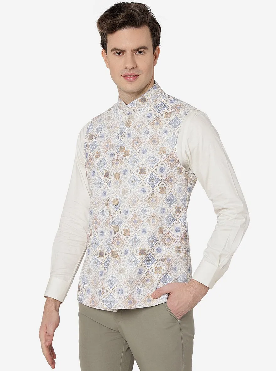 Cream Multi Printed Regular Fit Bandhgala Jacket | Greenfibre