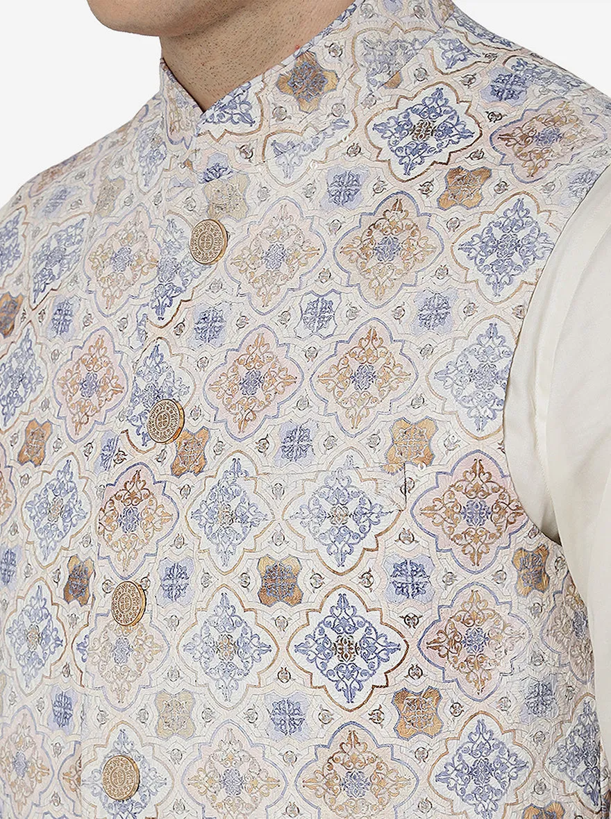 Cream Multi Printed Regular Fit Bandhgala Jacket | Greenfibre