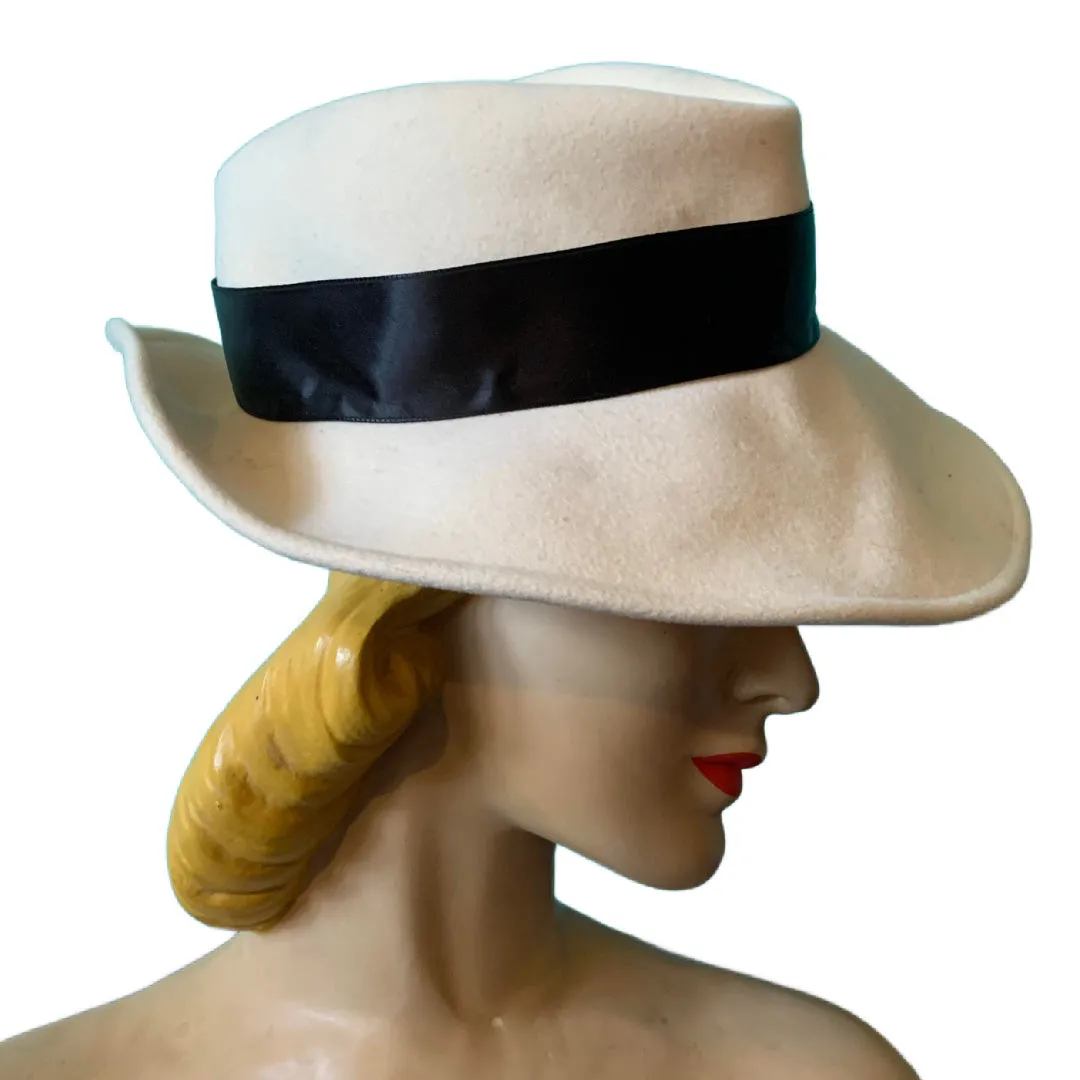 Creamy Felted Wool Fedora Style Hat circa 1980s