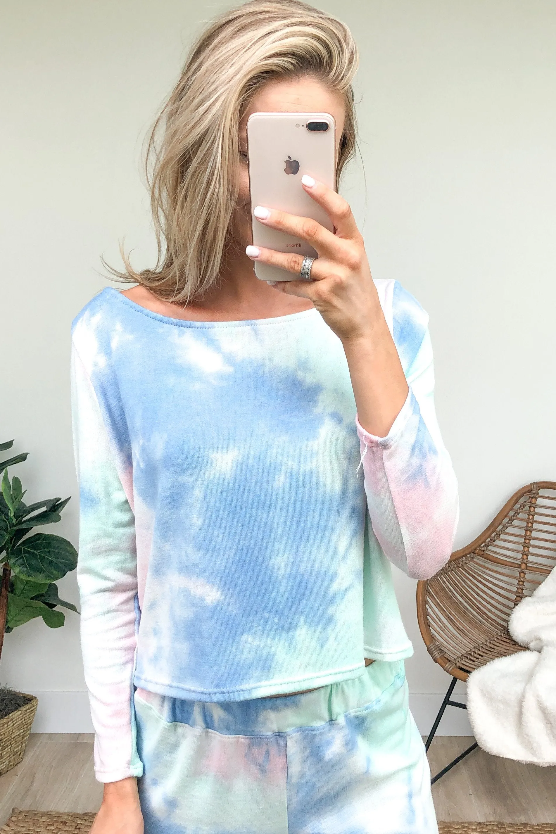 Cropped Tie Dye Long Sleeve Top- Mint, Blush, Blue