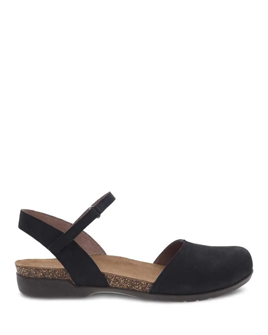 Dansko Womens Rowan Closed Toe Flat Sandal- Black Nubuck