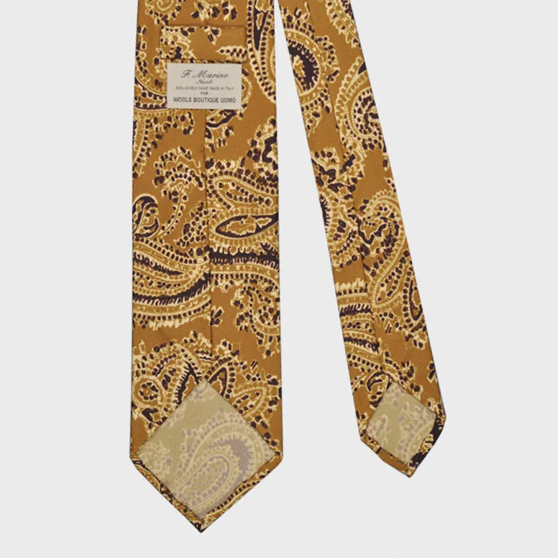 F.Marino Big Paisley Print Silk Tie 3 Folds Curry