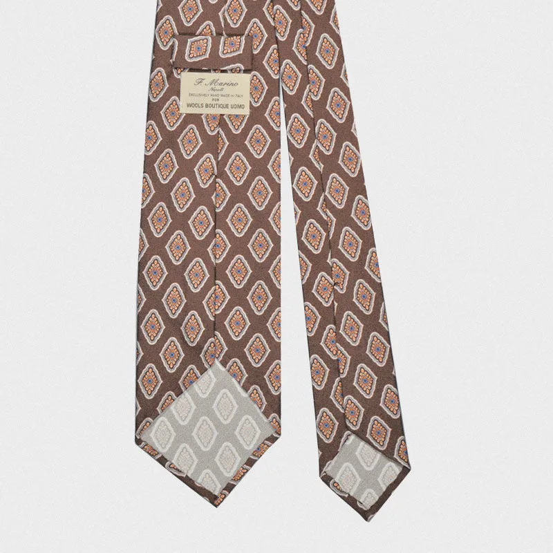 F.Marino Handmade 3 Folds Silk Tie Diamonds Brown