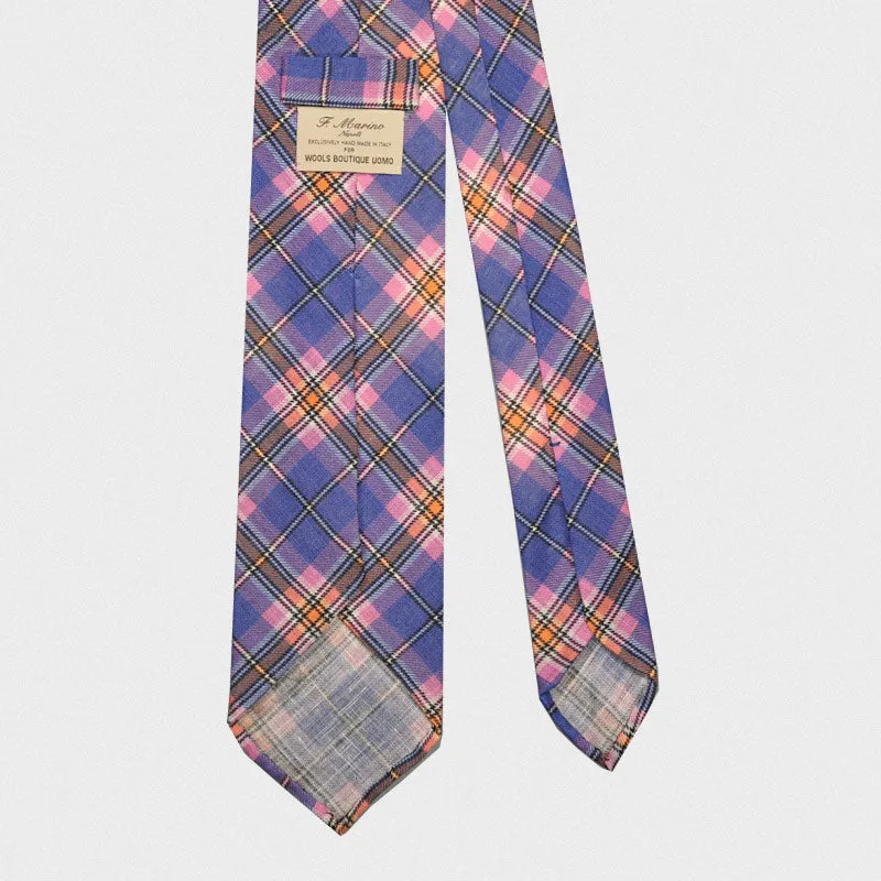 F.Marino Handmade Tie Linen Silk 3-Fold Tartan Blue