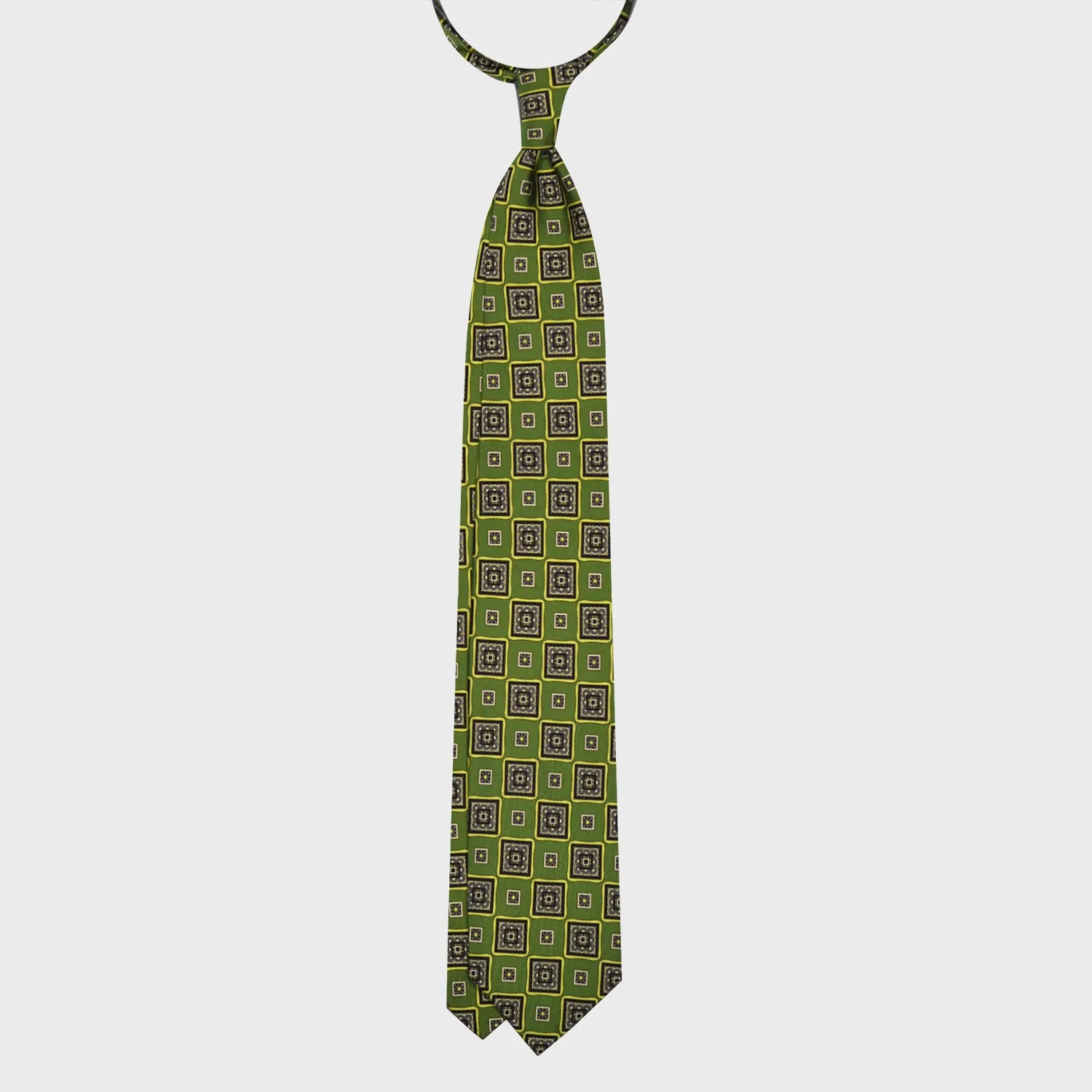 F.Marino Silk Tie 3 Folds Checked Diamonds Lime Green