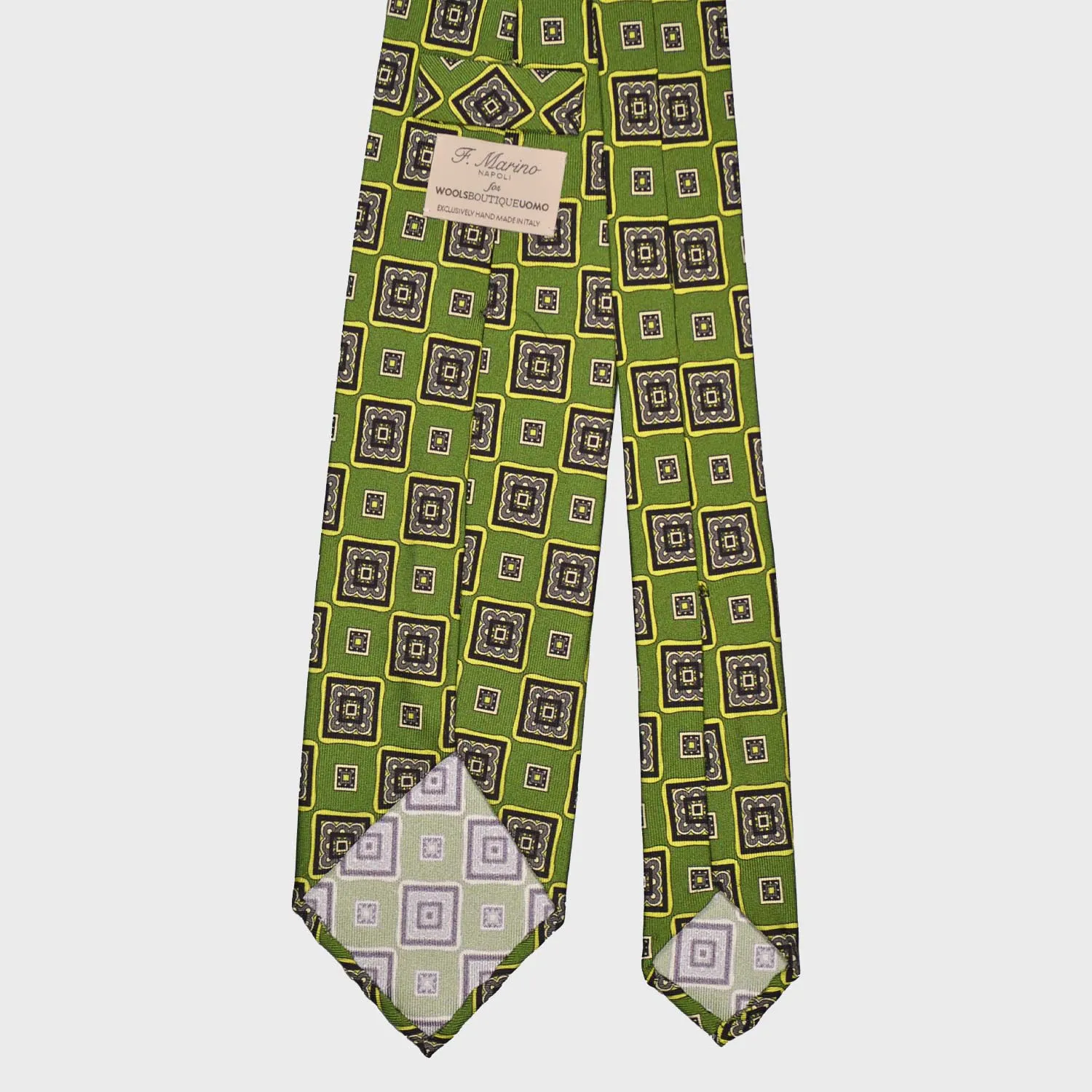 F.Marino Silk Tie 3 Folds Checked Diamonds Lime Green