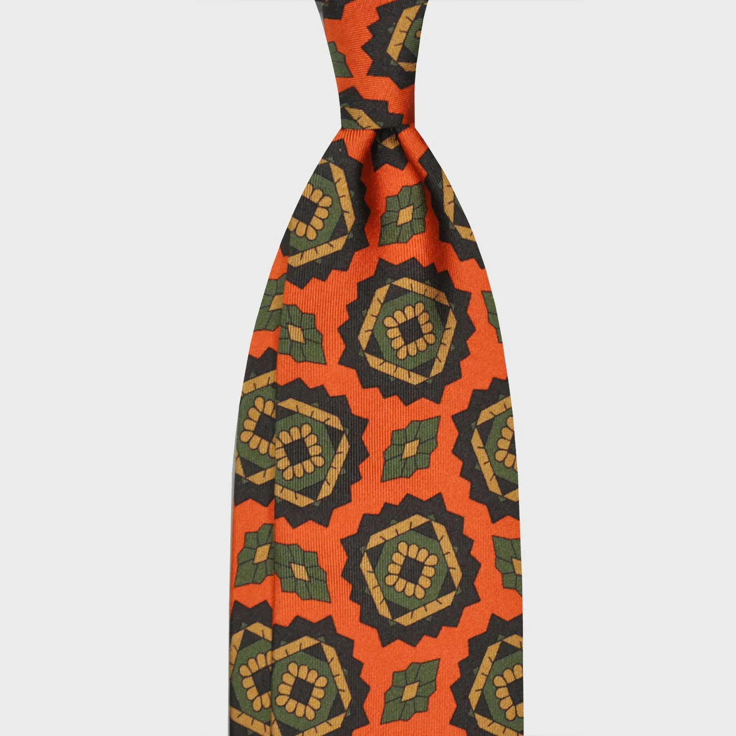 F.Marino Silk Tie 3 Folds Geometric Mandala Orange