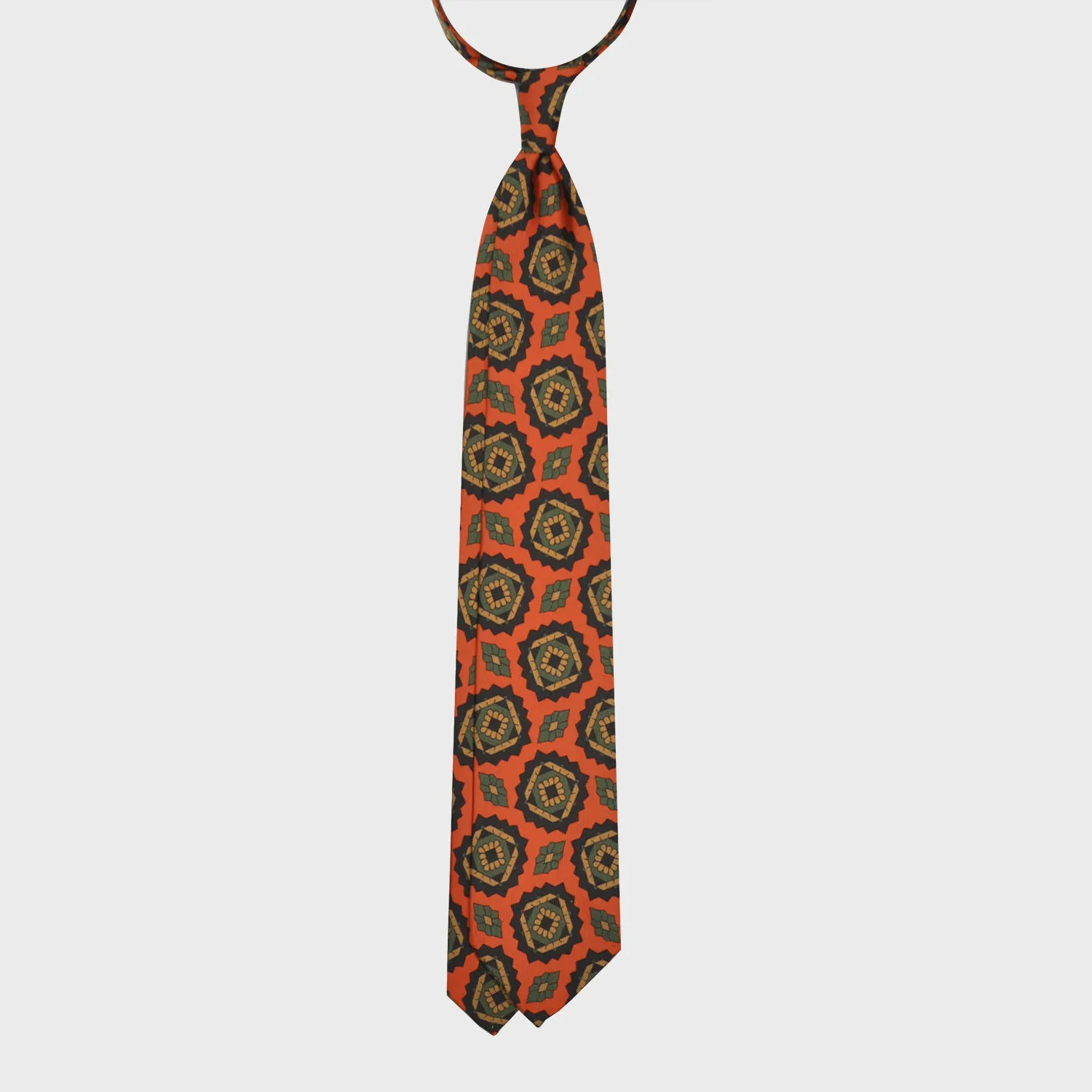 F.Marino Silk Tie 3 Folds Geometric Mandala Orange