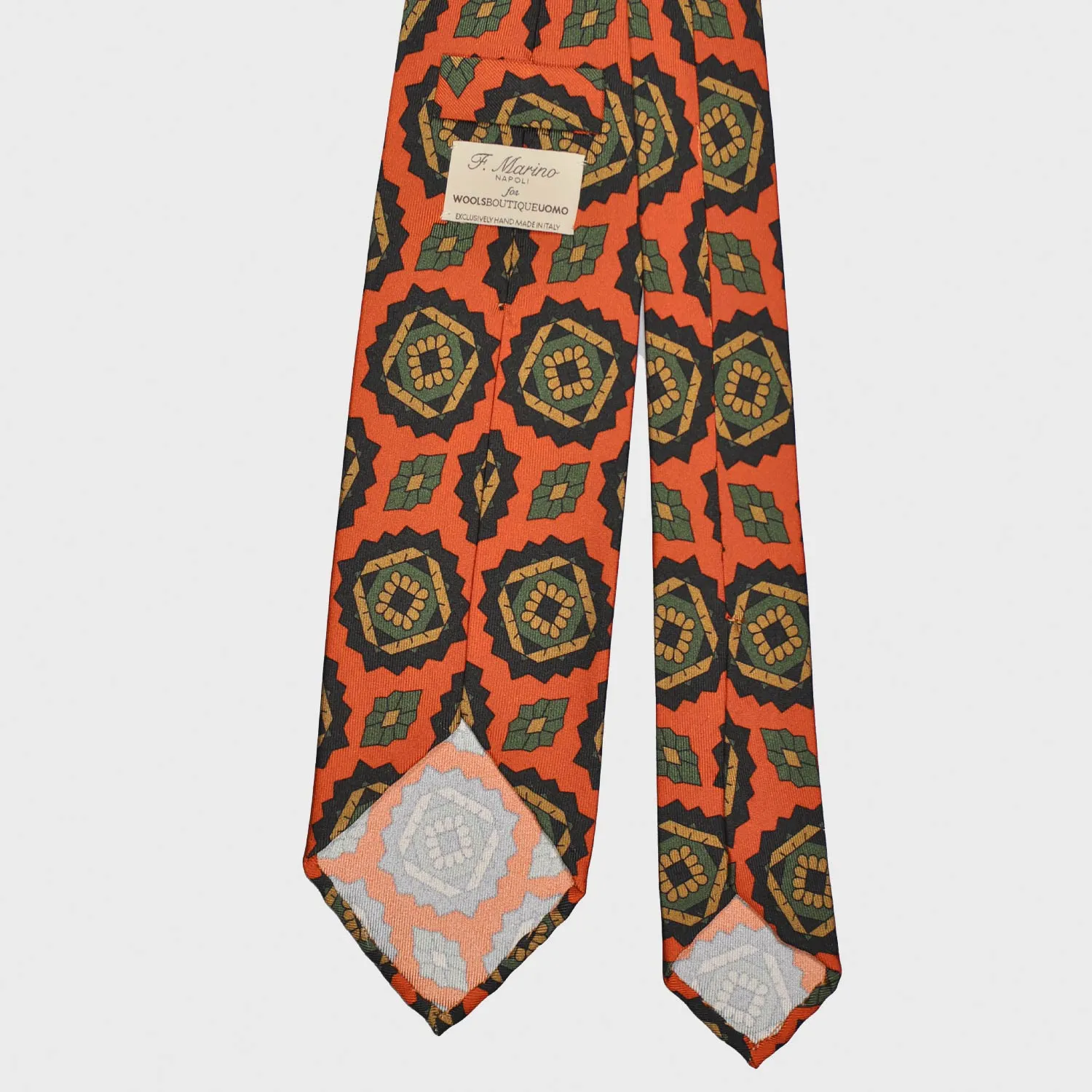 F.Marino Silk Tie 3 Folds Geometric Mandala Orange