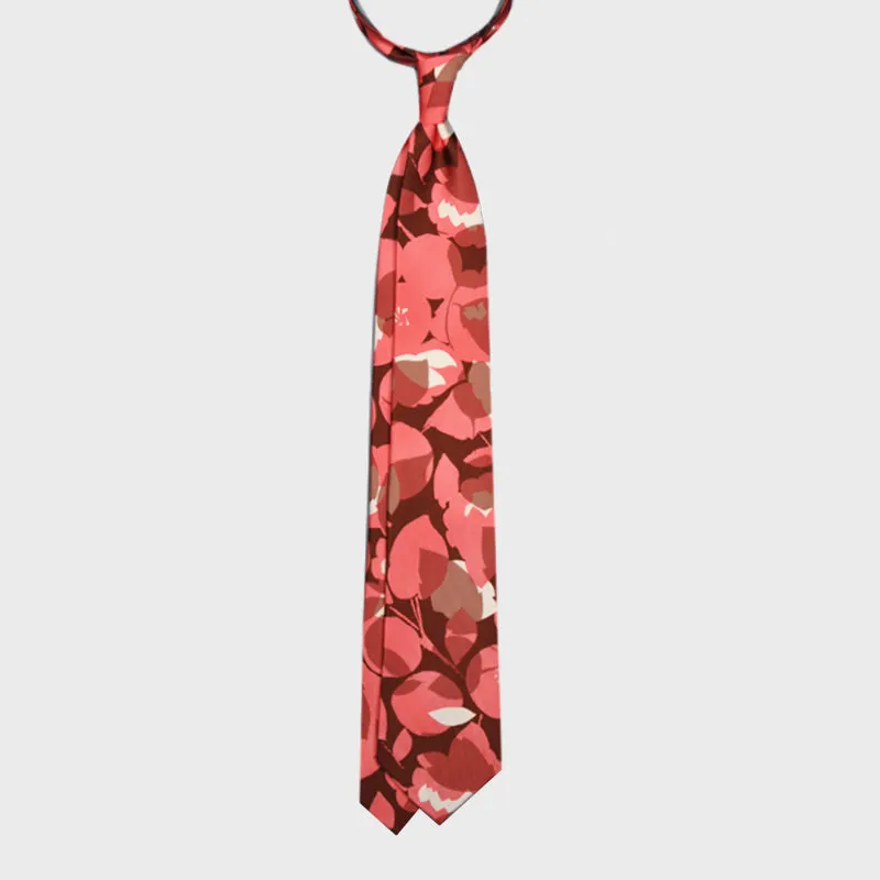 F.Marino Silk Tie 3 Folds Leaves Nature Pattern Pink