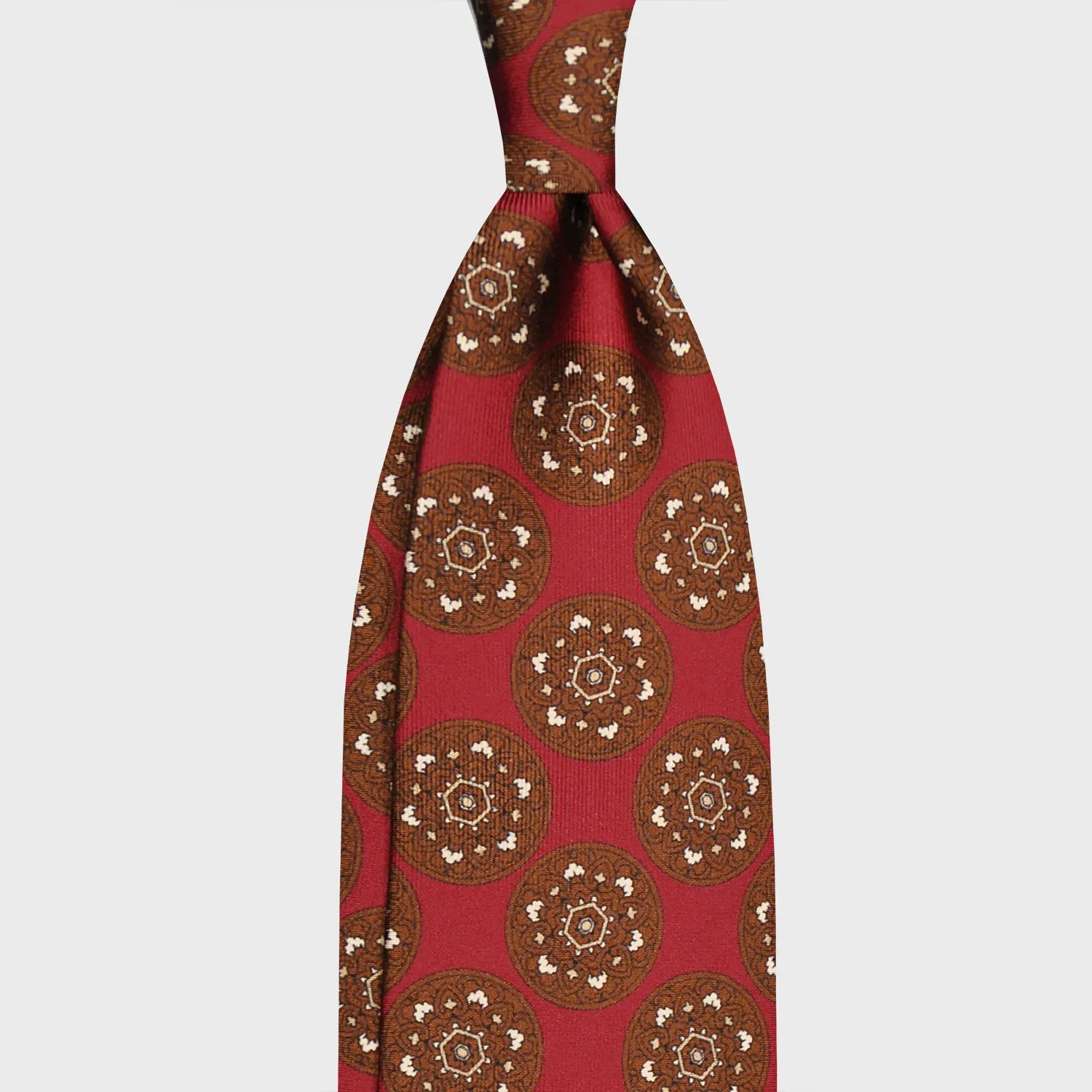 F.Marino Silk Tie 3 Folds Mandala Medallions Ruby Red