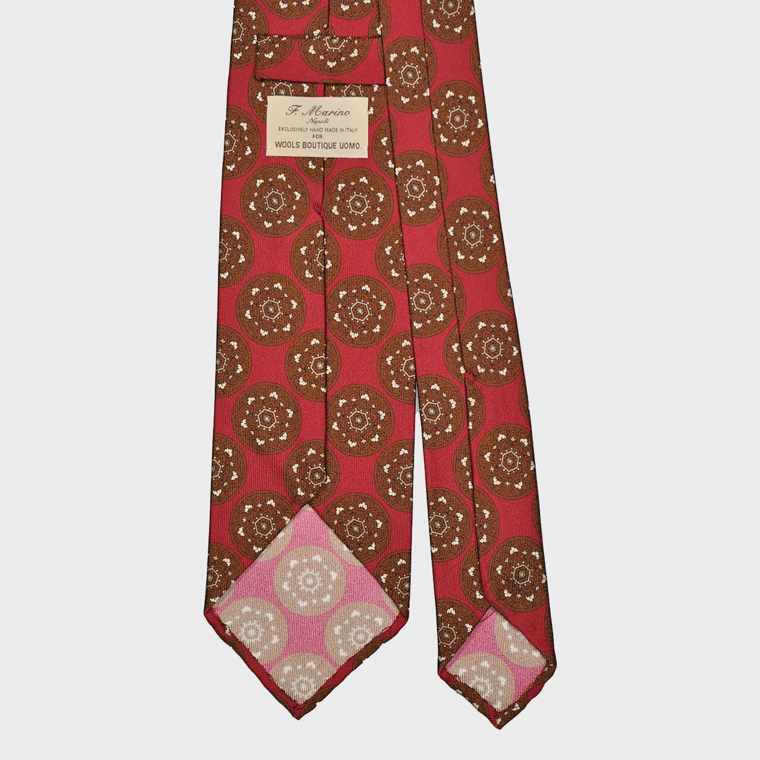 F.Marino Silk Tie 3 Folds Mandala Medallions Ruby Red