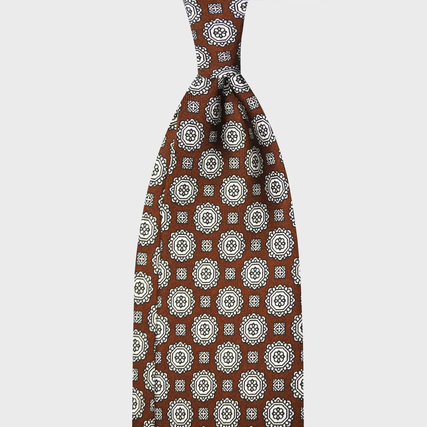 F.Marino Silk Tie 3 Folds Medallions Coffee Brown