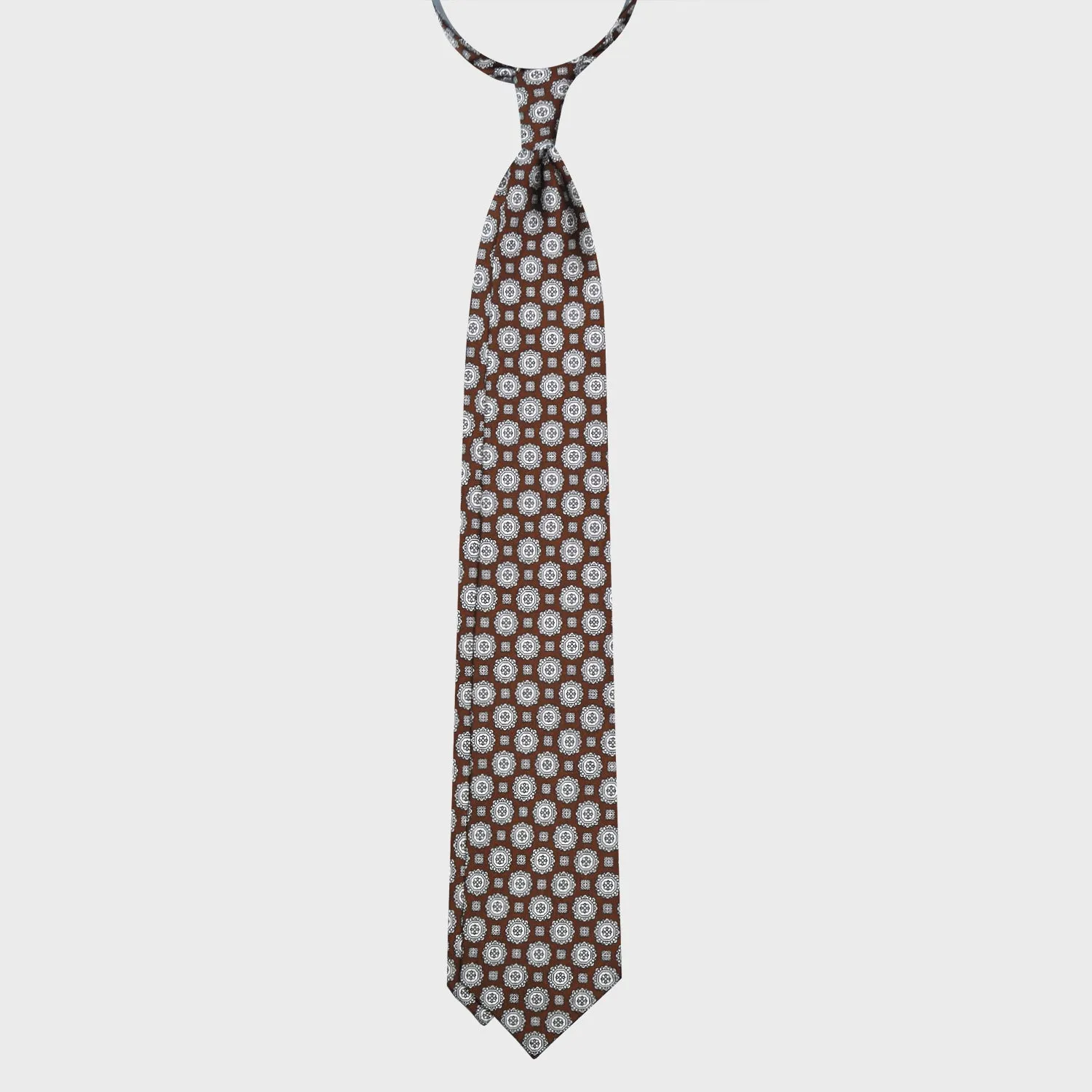 F.Marino Silk Tie 3 Folds Medallions Coffee Brown