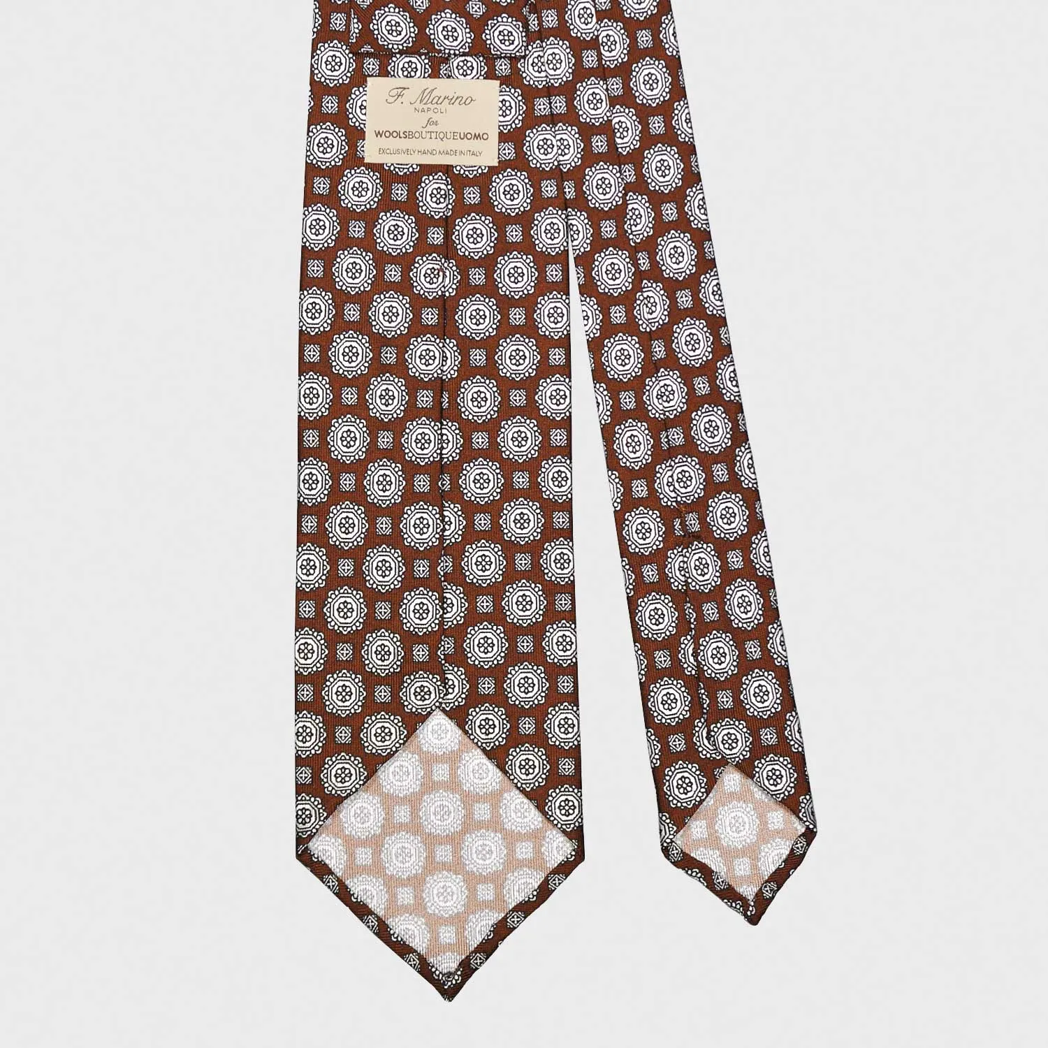 F.Marino Silk Tie 3 Folds Medallions Coffee Brown