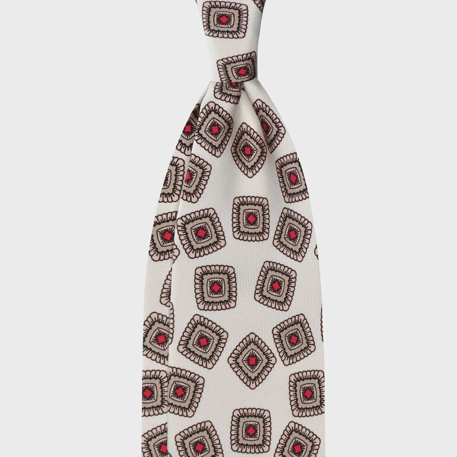 F.Marino Silk Tie 3 Folds Medallions Ivory White