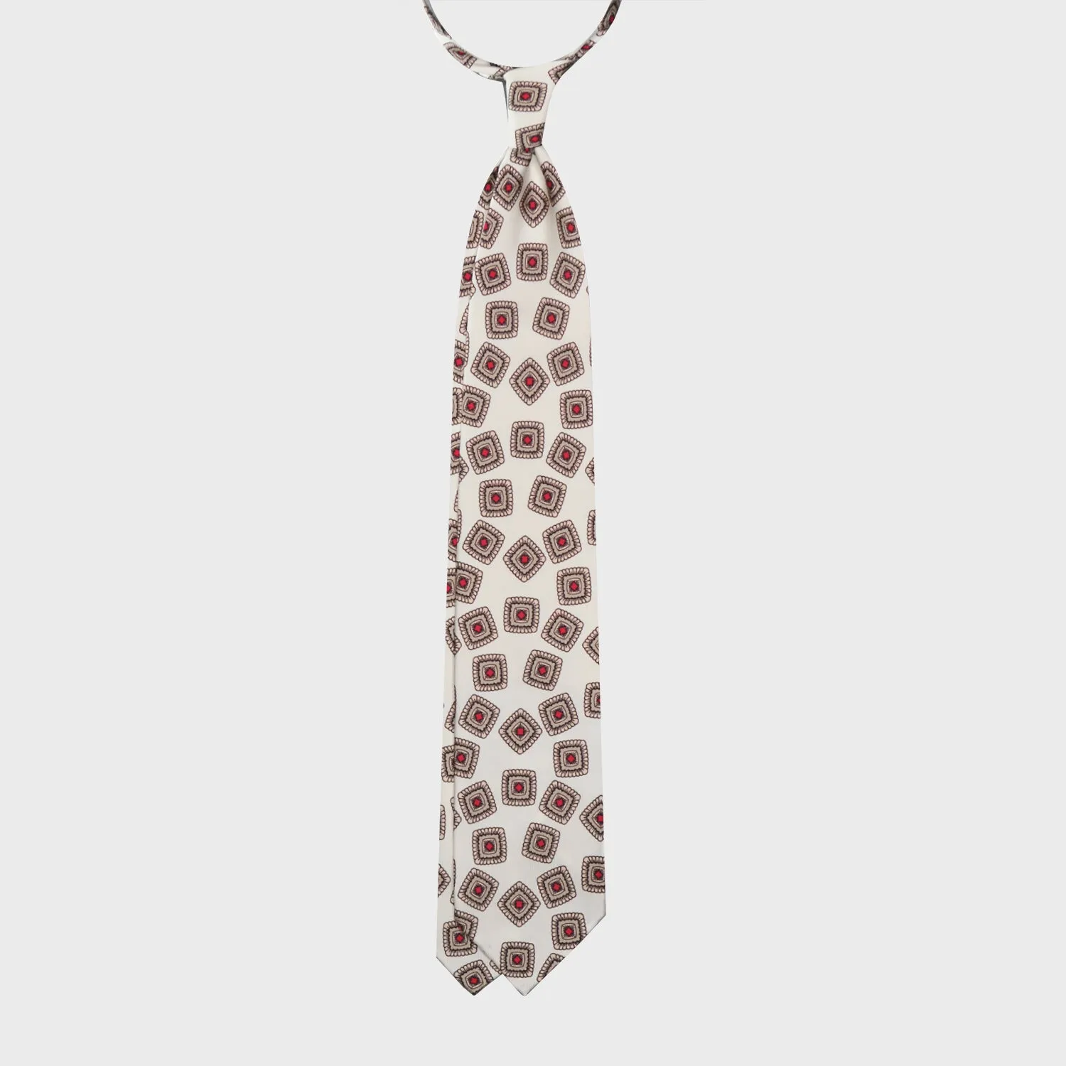 F.Marino Silk Tie 3 Folds Medallions Ivory White