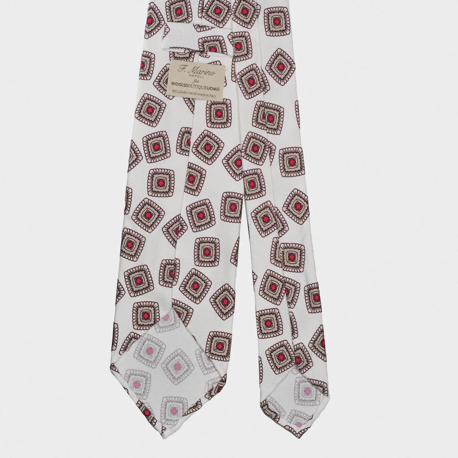 F.Marino Silk Tie 3 Folds Medallions Ivory White