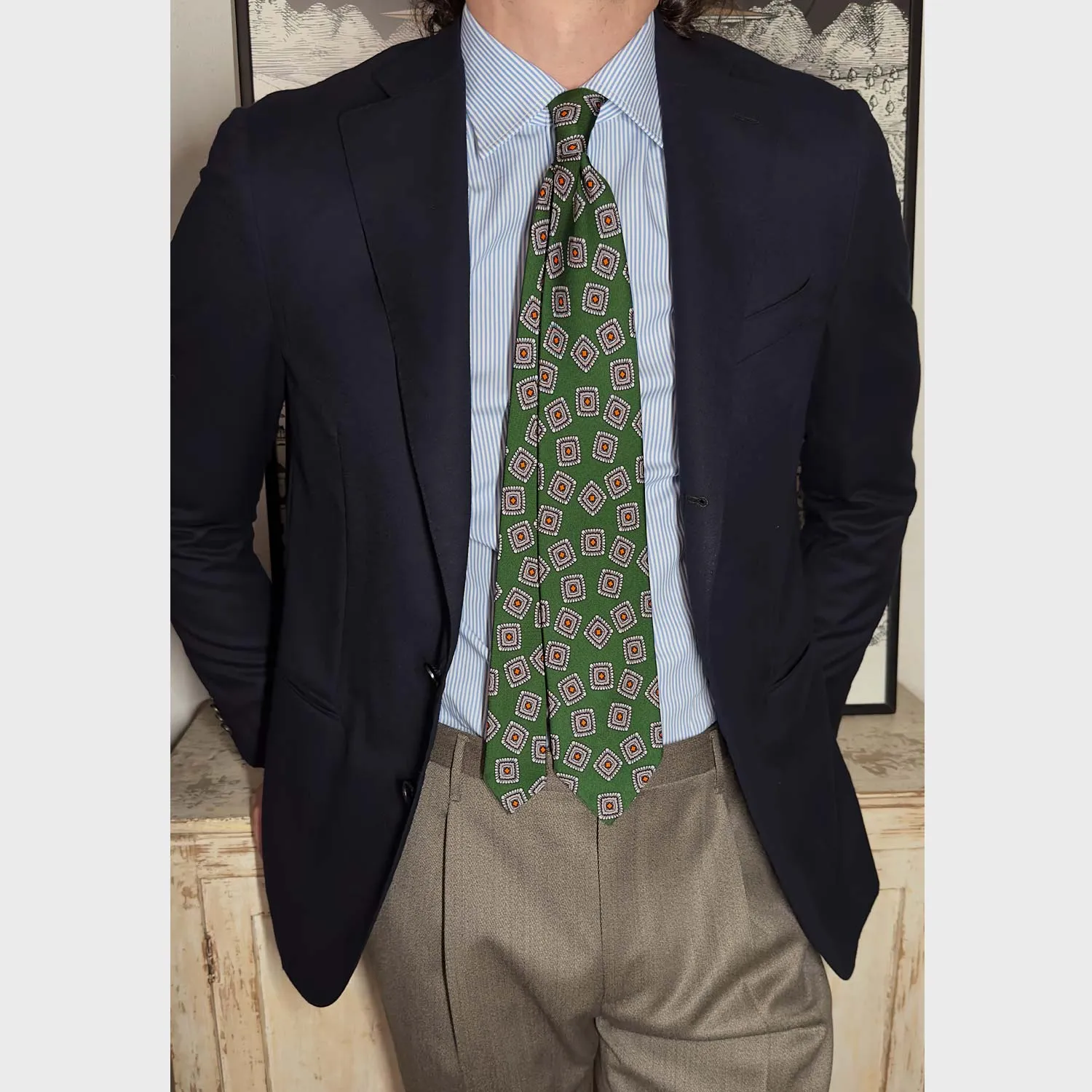 F.Marino Silk Tie 3 Folds Medallions Pine Green