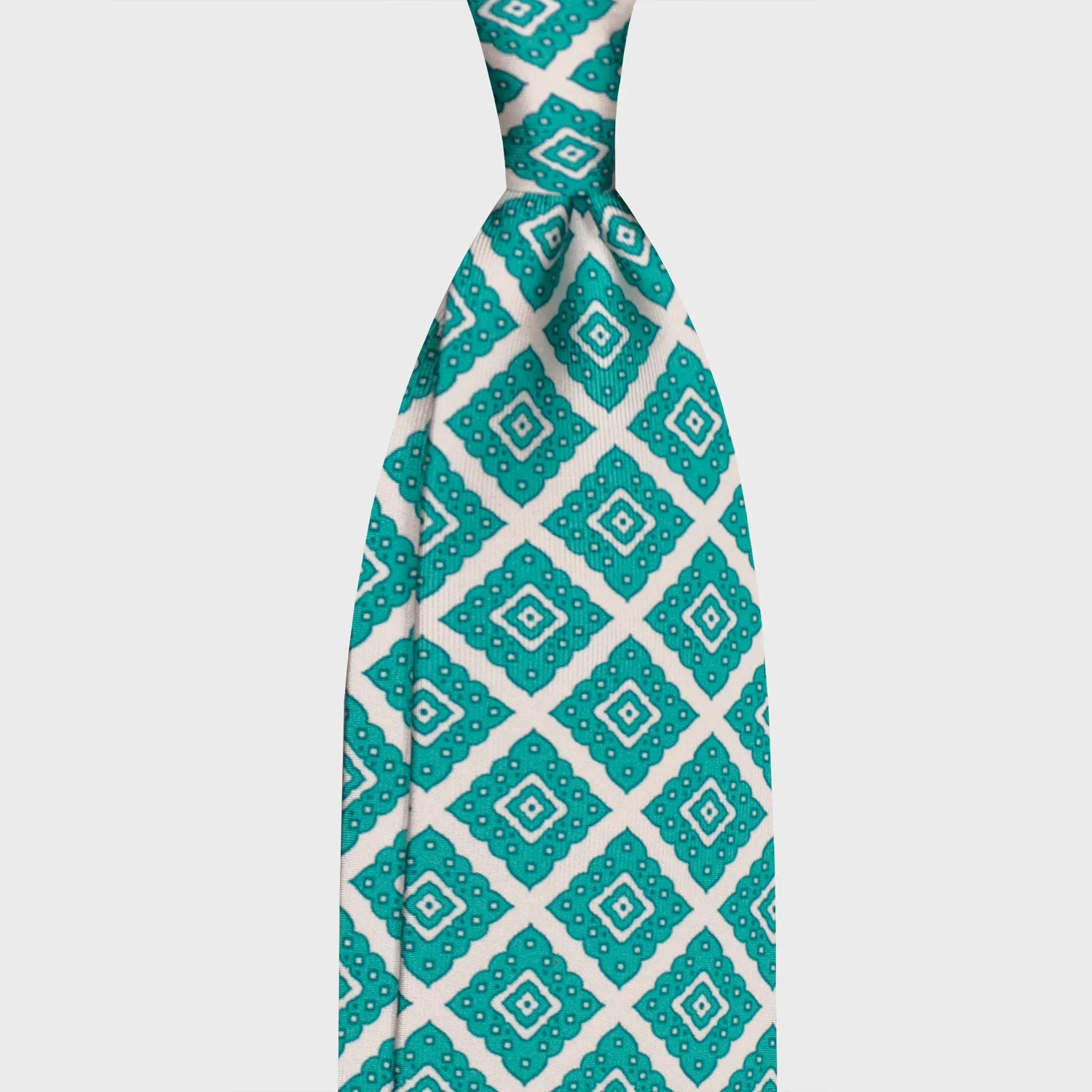 F.Marino Silk Tie 3 Folds Ornamental Rhombus Aquamarine