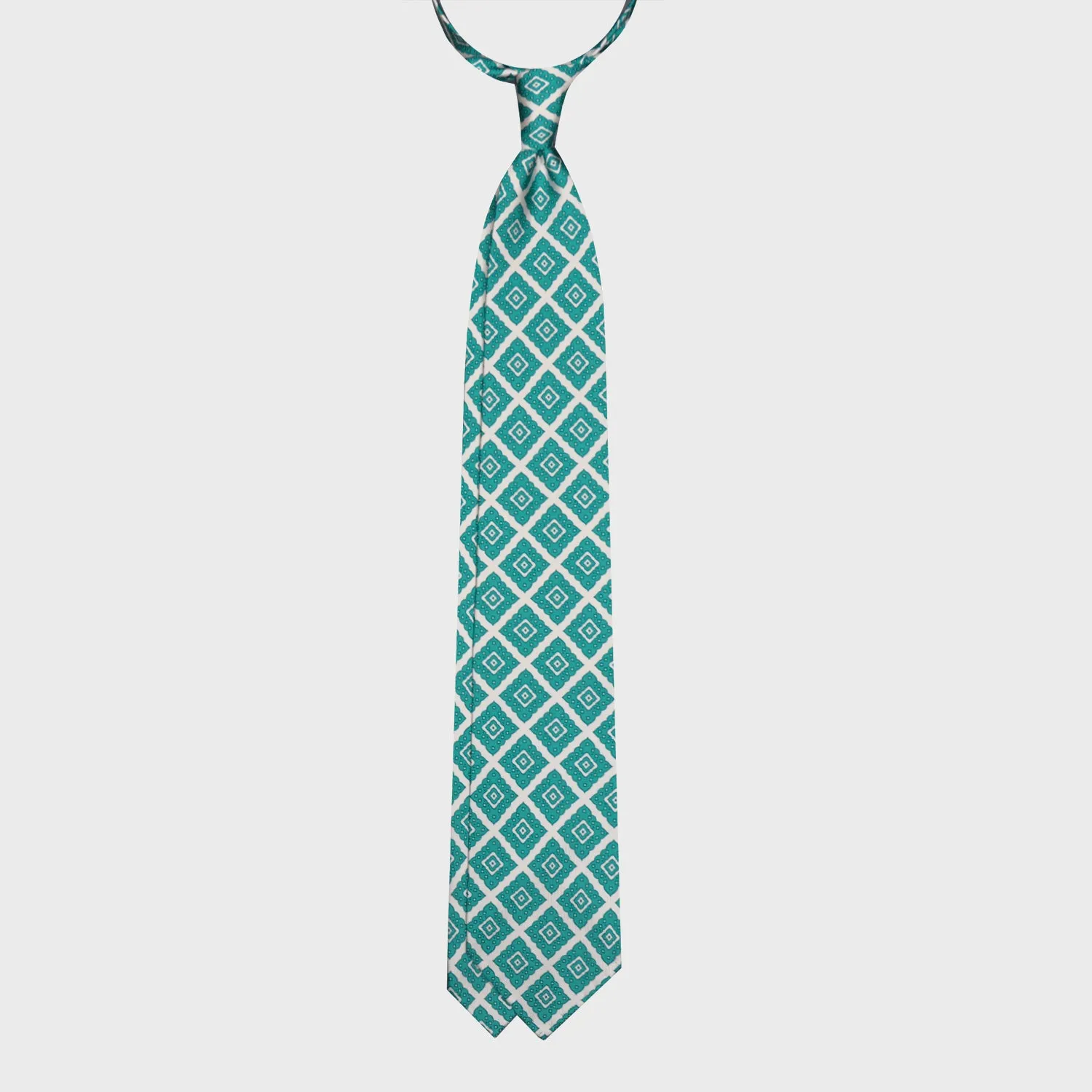 F.Marino Silk Tie 3 Folds Ornamental Rhombus Aquamarine