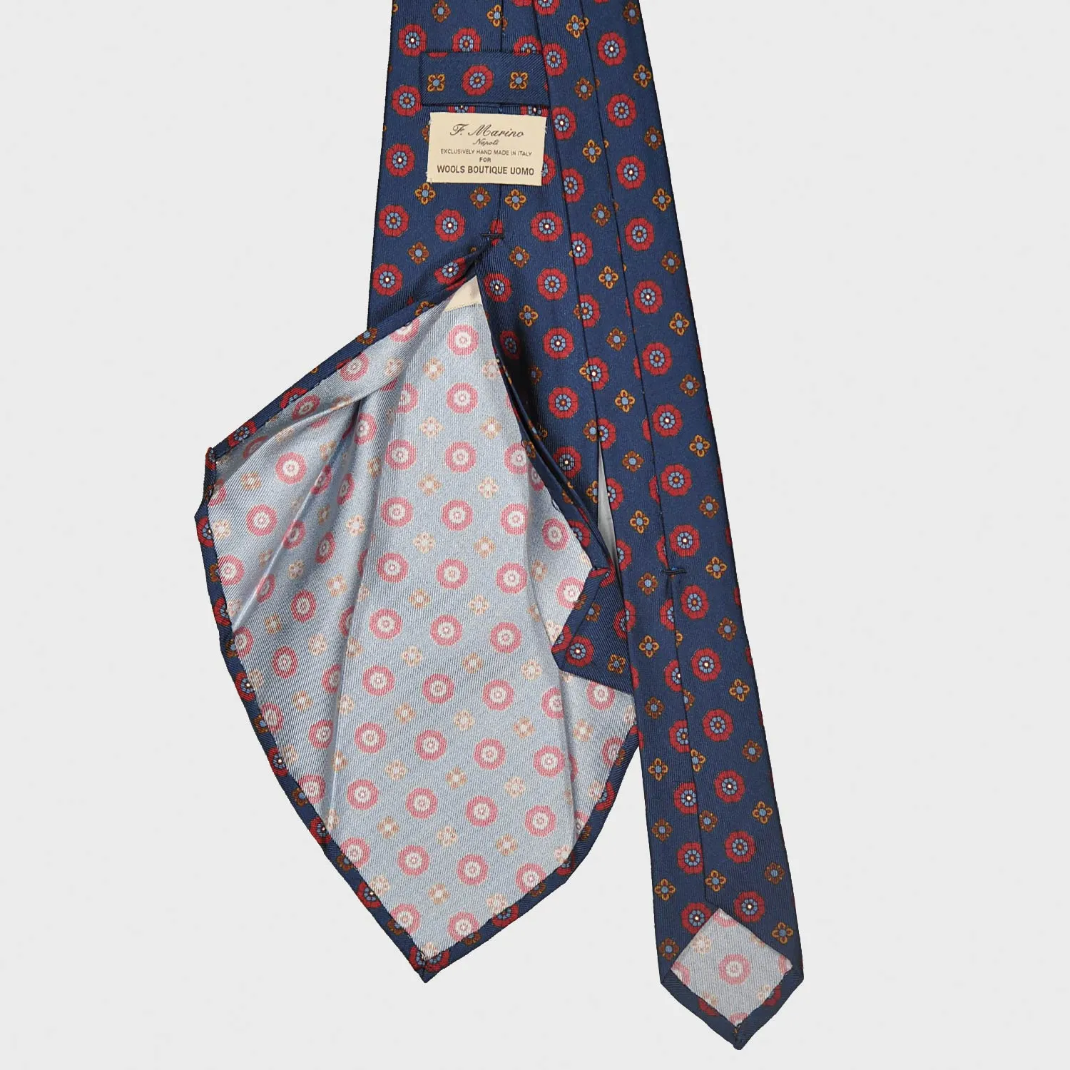 F.Marino Silk Tie 7 Folds Daisy Indigo Blue