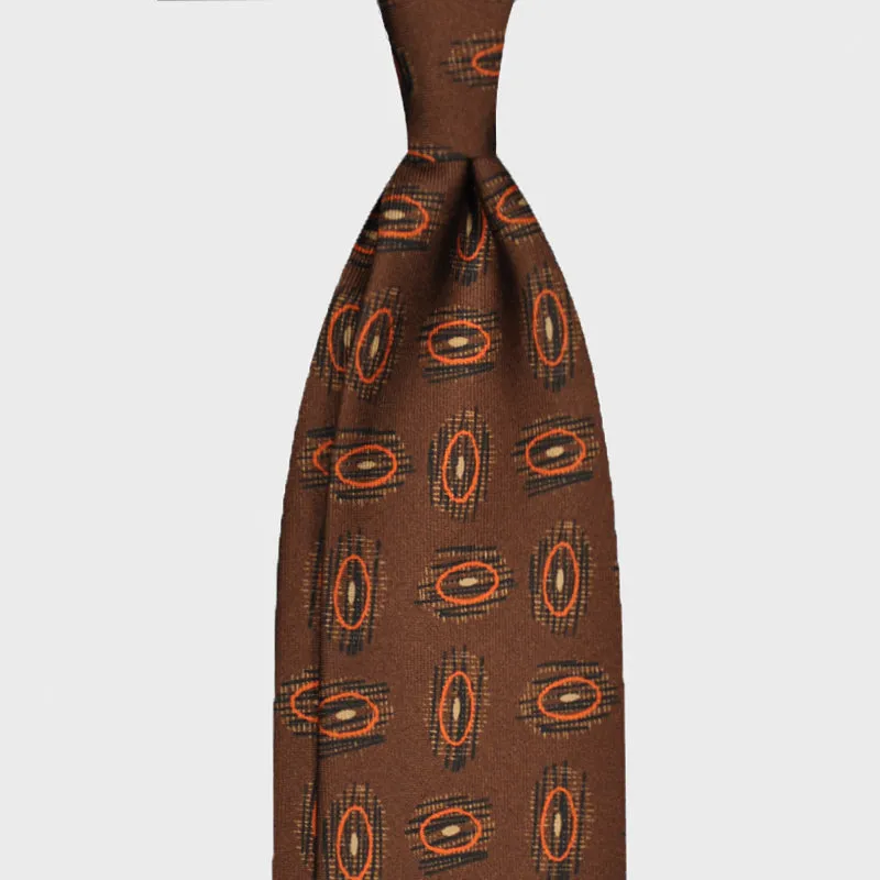 F.Marino Silk Tie Handmade 3 Folds Fantasy Planets Brown