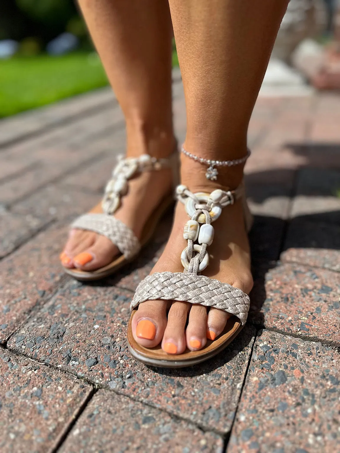 Gold Marble Bead Low Wedge Sandals