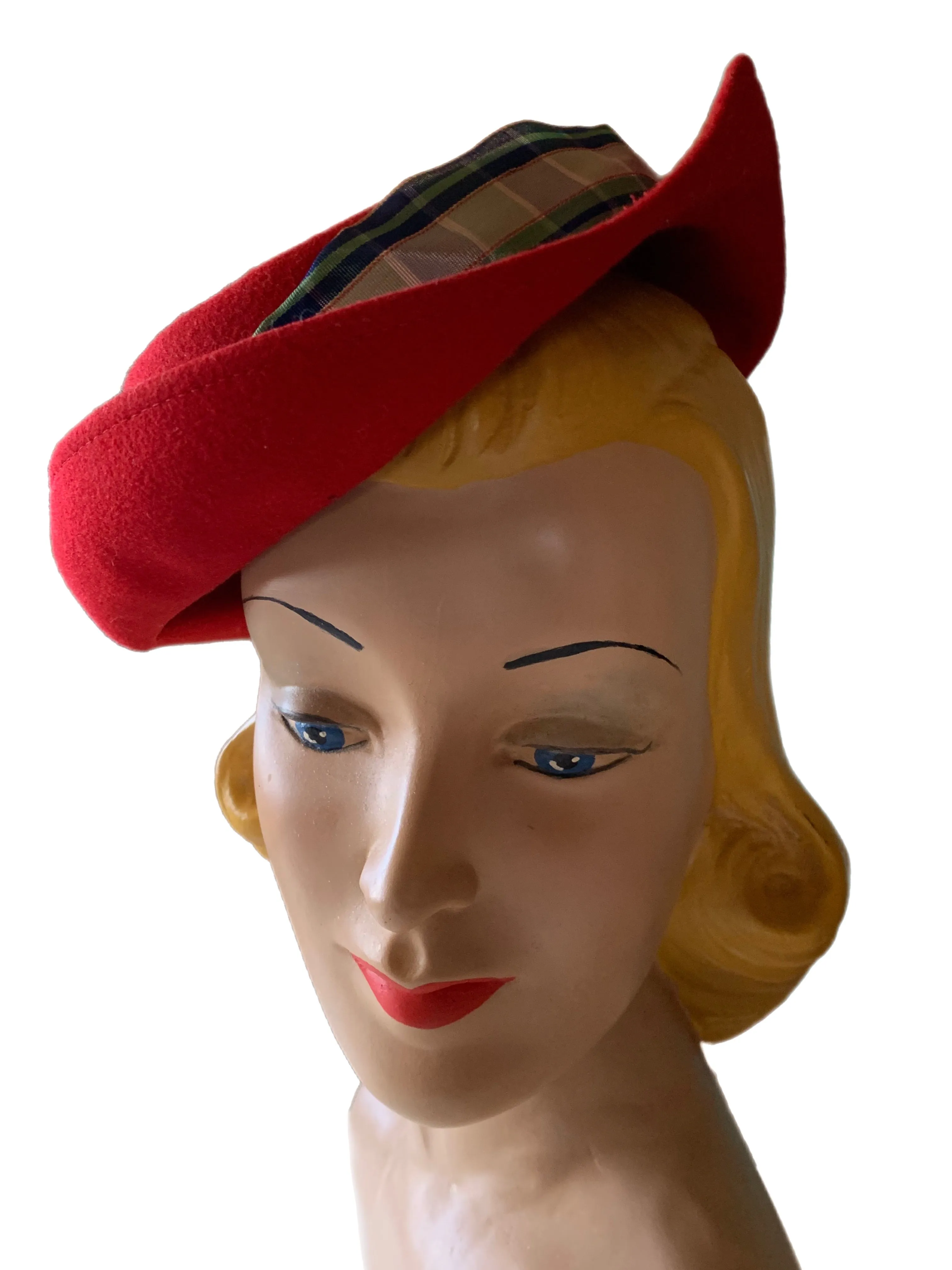 Jaunty Cherry Red Felted Wool Mini Fedora Hat with Plaid Taffeta Ribbon circa 1940s