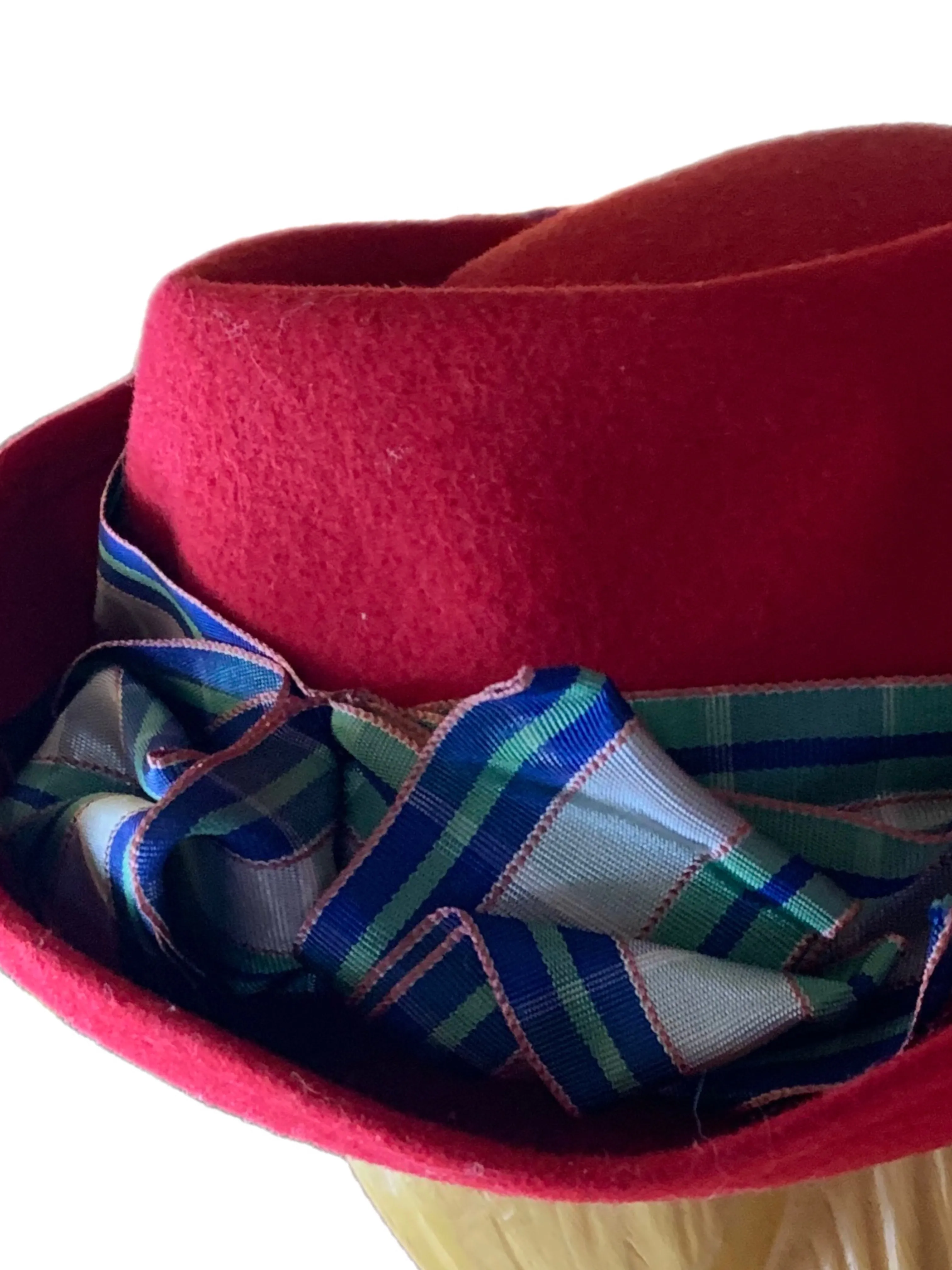 Jaunty Cherry Red Felted Wool Mini Fedora Hat with Plaid Taffeta Ribbon circa 1940s