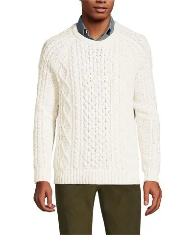 Lands' End Big & Tall Cotton Blend Aran Cable Crew Neck Sweater