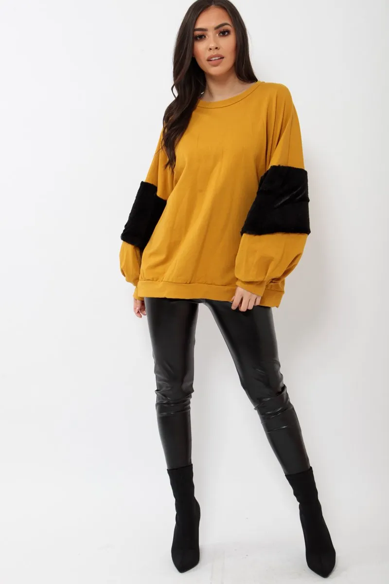 Mustard Jumper with Fur Sleeves - Stephanie