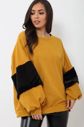 Mustard Jumper with Fur Sleeves - Stephanie