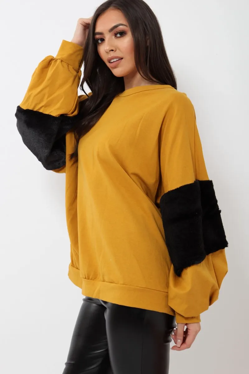 Mustard Jumper with Fur Sleeves - Stephanie