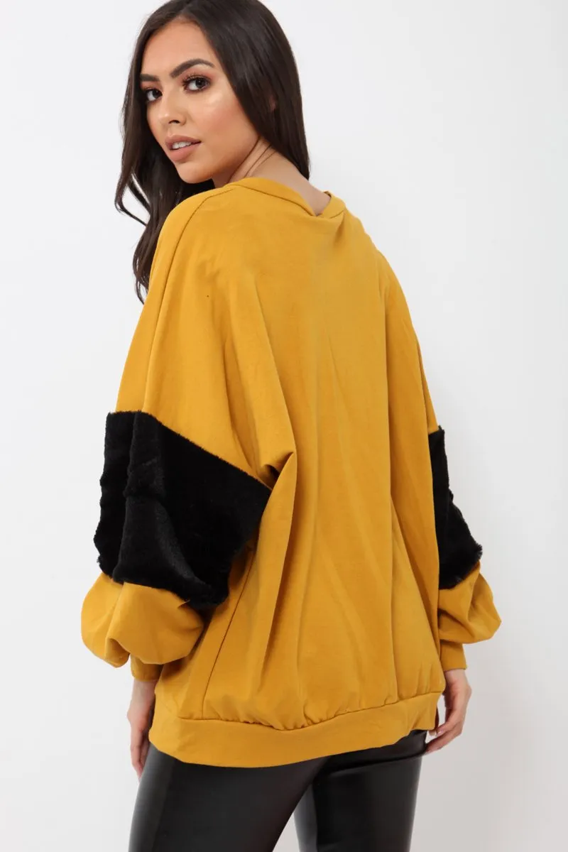 Mustard Jumper with Fur Sleeves - Stephanie