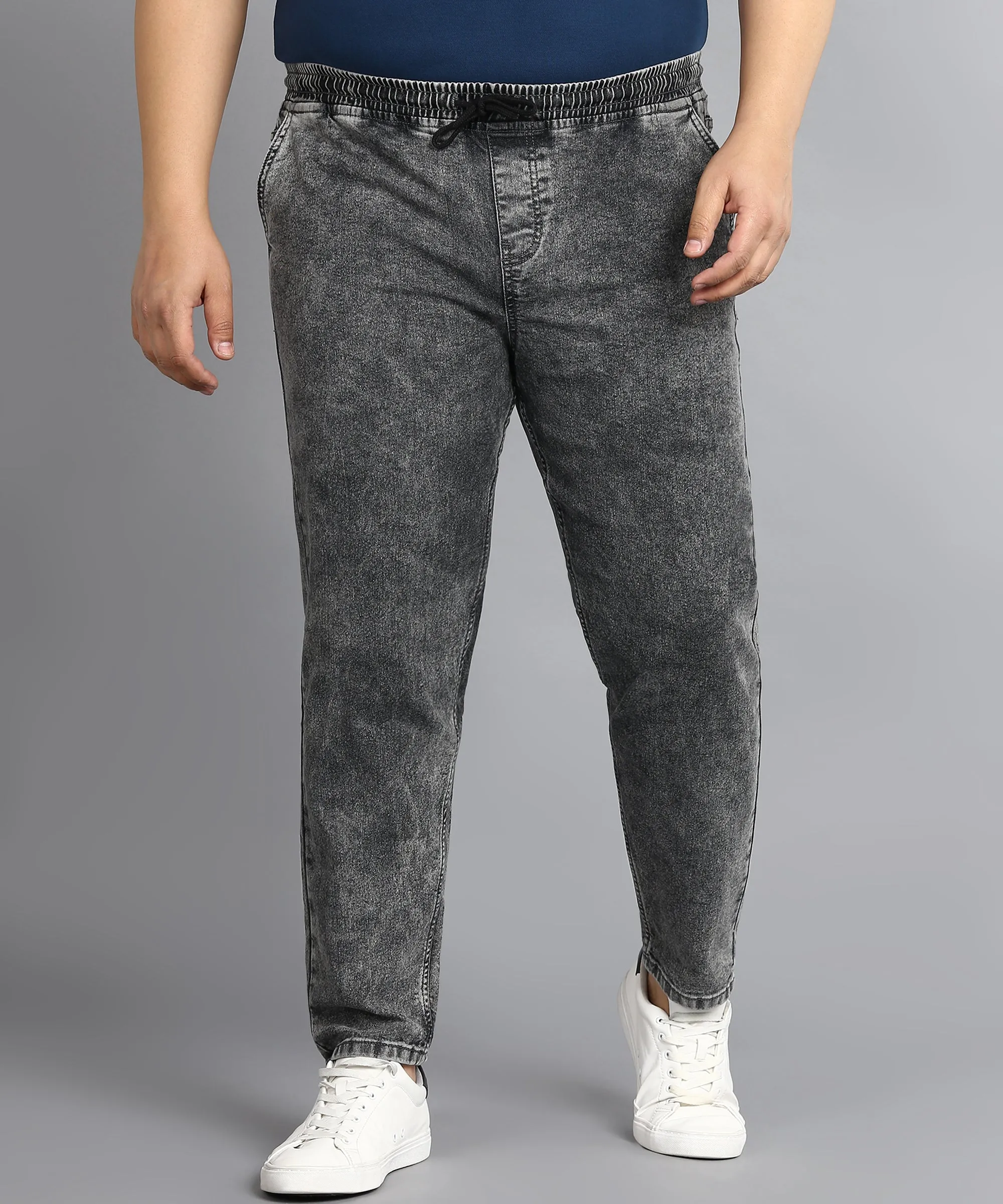 Plus Men's Grey Regular Fit Washed Jogger Jeans Stretchable